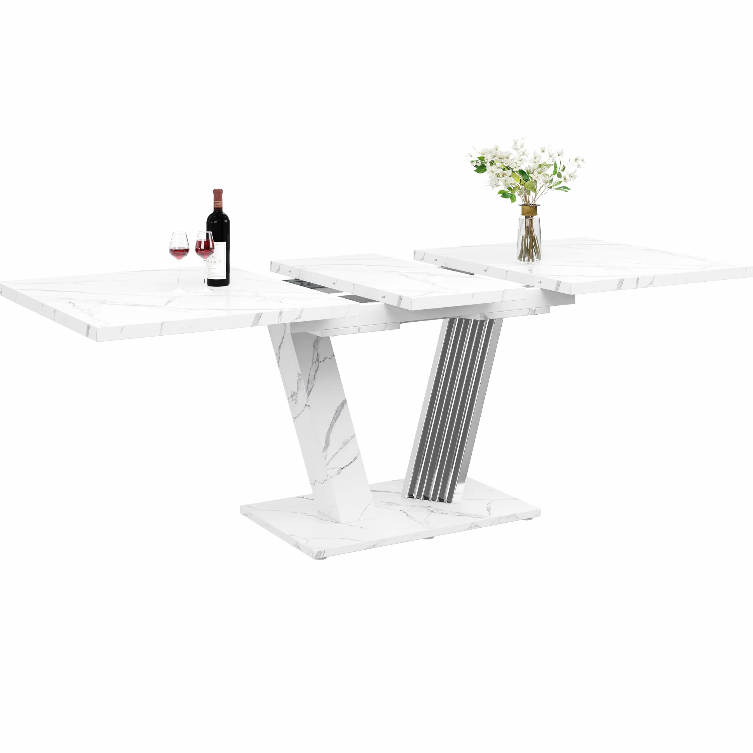 Stół wysuwany z marmurową płytą 120-160 x 80 x 76 cm – stół kuchenny z wysuwanym liściem i stelażem z motylami do kuchni i salonu