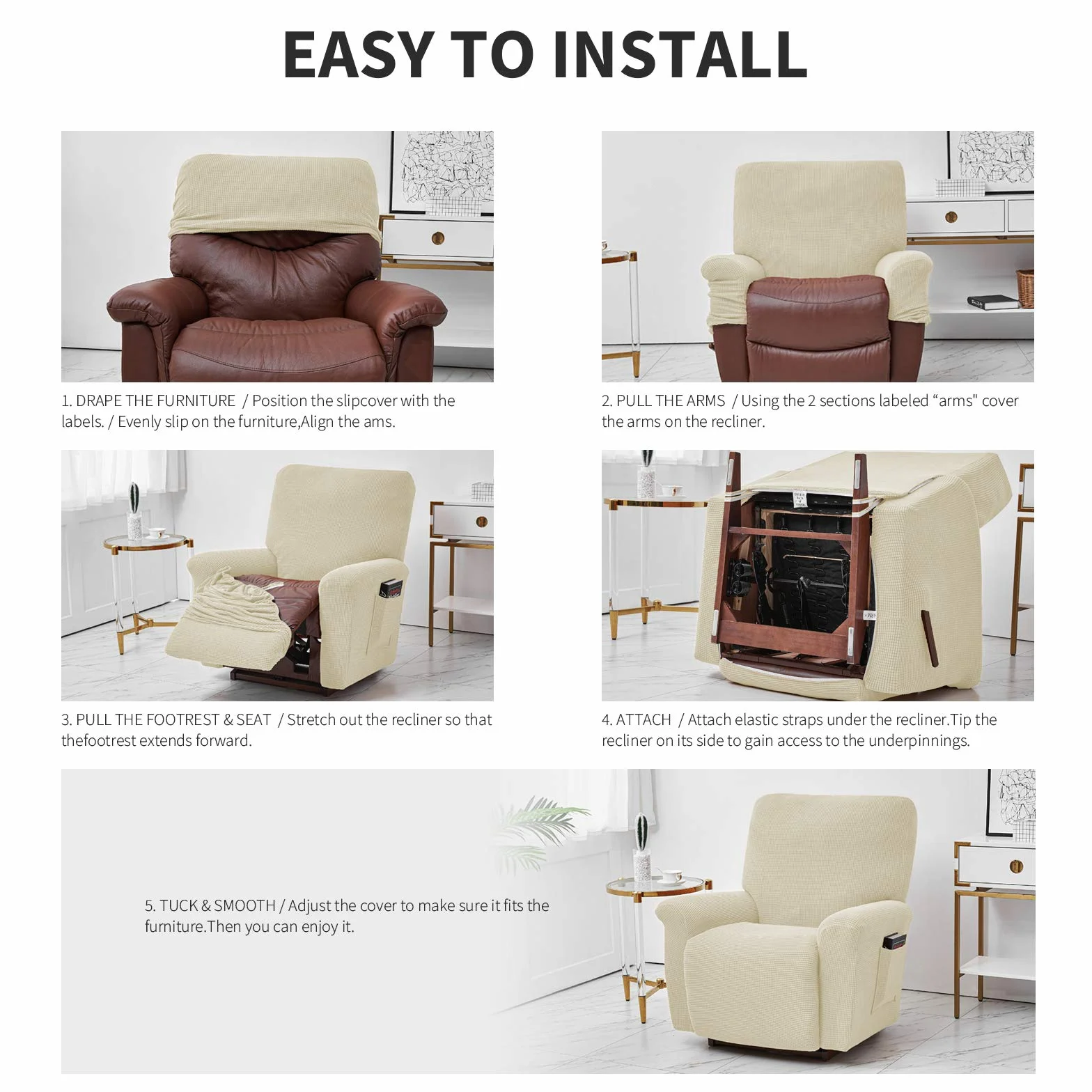 ELEOPTION Recliner pokrowiec na sofę, rozciągliwy pokrowiec na fotel wypoczynkowy, spandex żakard 4-częściowy beżowy