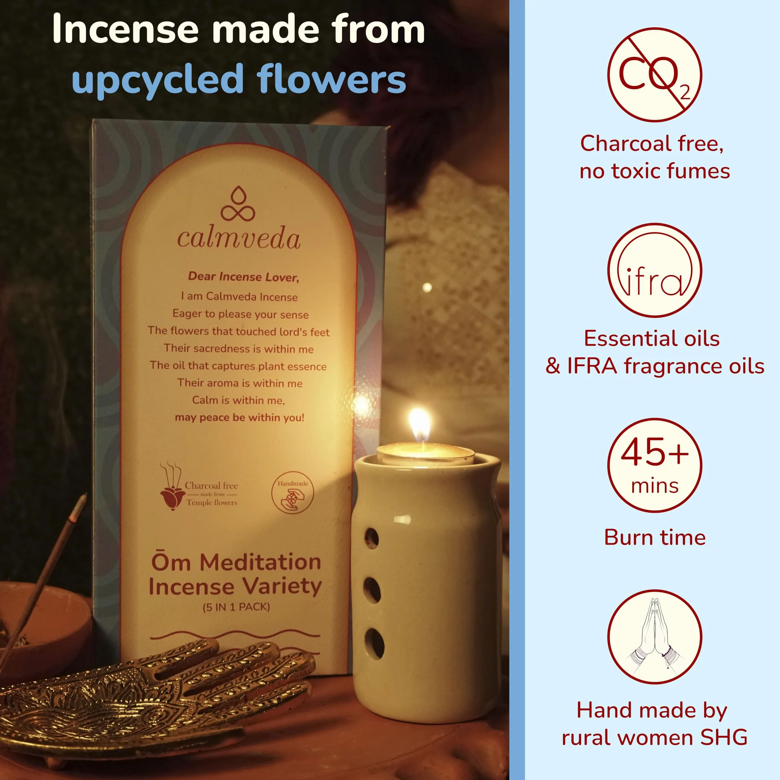 CALMVEDA, Kadzidełka do medytacji wielopak - (5 wariantów, 60 patyczków) patyczki insensé bez węgla | Nag Champa, kadzidło paczuli z lat 60., lawenda, cynamon i drzewo sandałowe, prezenty medytacyjne,