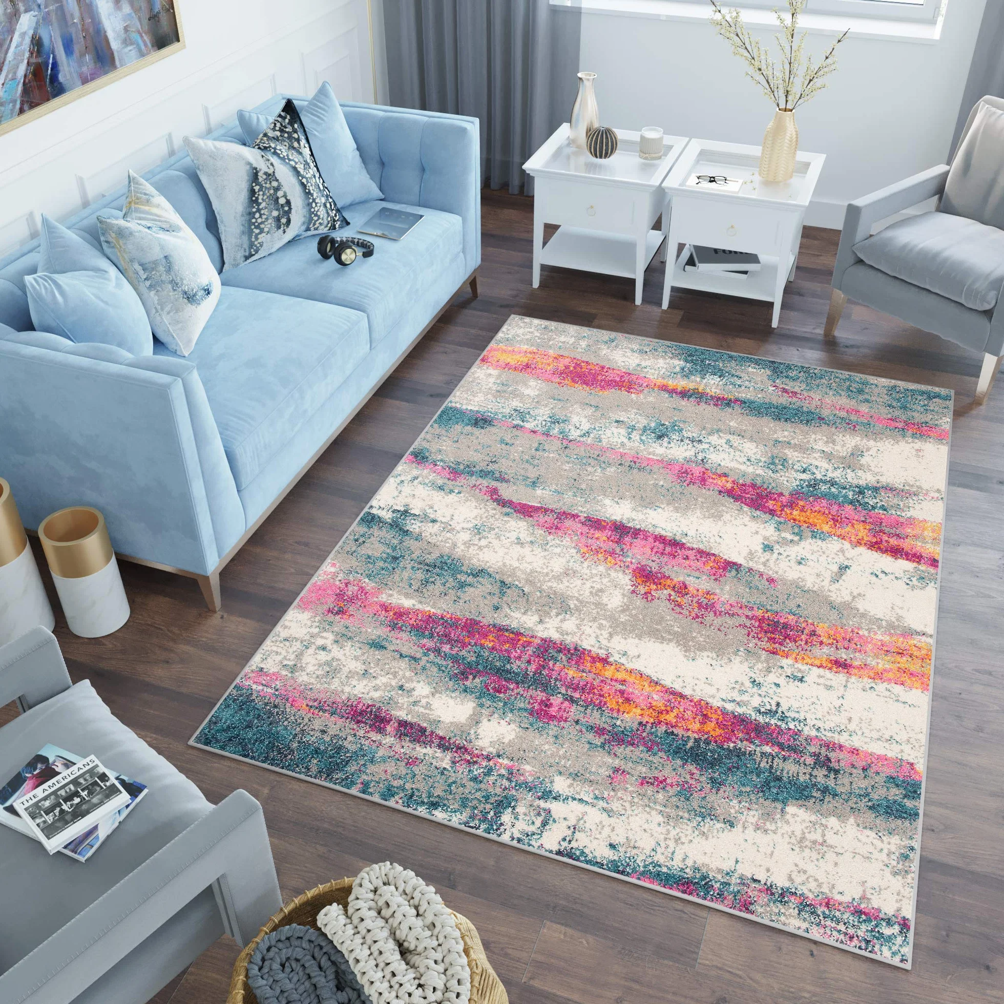 Tapiso Lazur dywan z krótkim włosiem, szary, niebieski, kremowy, pomarańczowy, różowy, nowoczesne wzornictwo, nakrapiany fale, do salonu, sypialni, Ökotex 240 x 330 cm