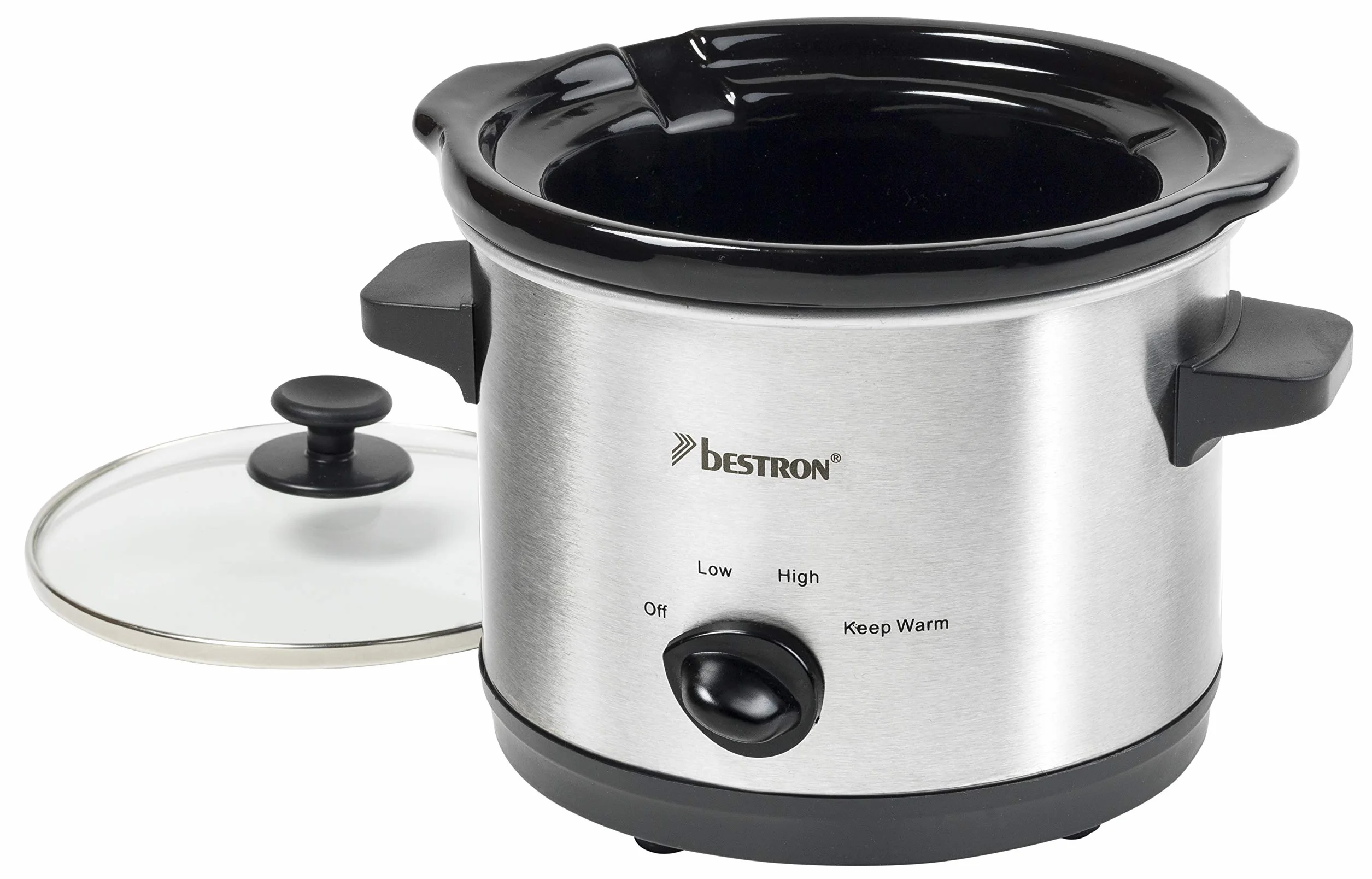 Bestron Slowcooker 1,5 L dla 2 osób, wolnowar z ceramiczną patelnią i szklaną pokrywką, 3-stopniowy termostat, srebrny