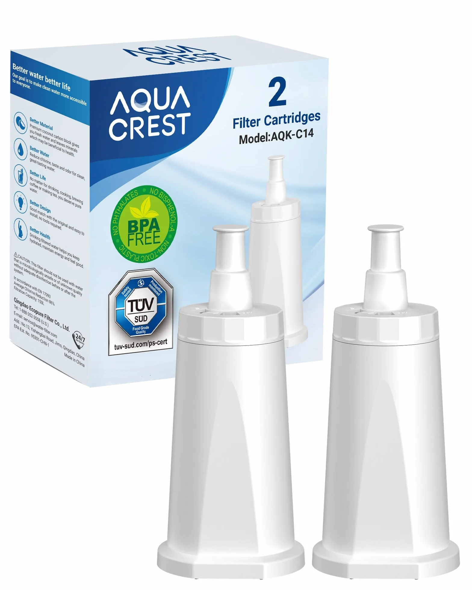 AQUA CREST Filtr do wody, zamiennik do filtra do ekspresu do kawy Sage® SES008WHT0NEU1 BES008, filtry do wody Barista Express, certyfikat TÜV SÜD (2 opakowania)