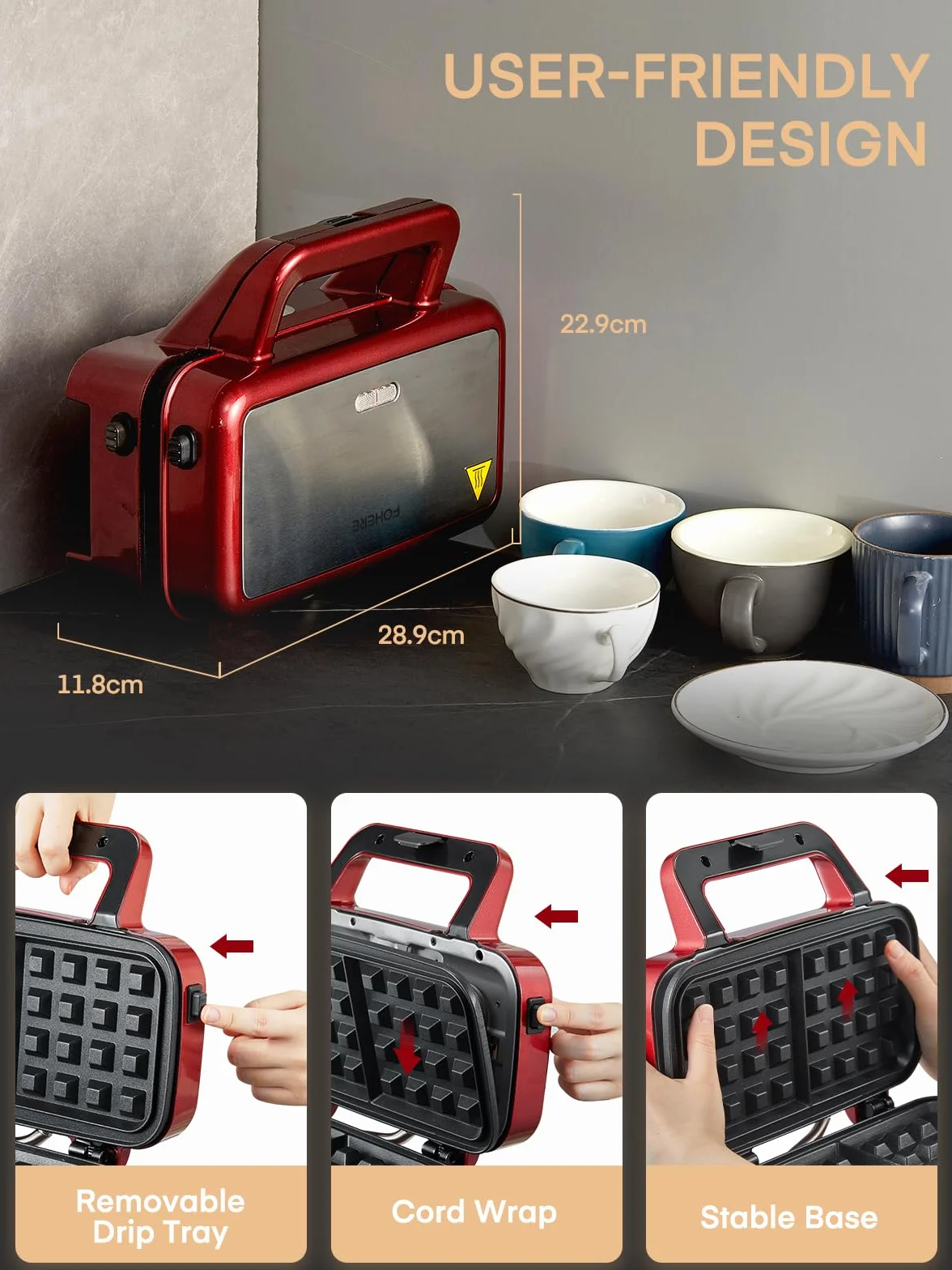 Toster 1200W, opiekacz do kanapek/grill/gofrownica 3 w 1, 5-biegowa regulacja temperatury, powłoka nieprzywierająca, uchwyt zapobiegający oparzeniom, czerwony
