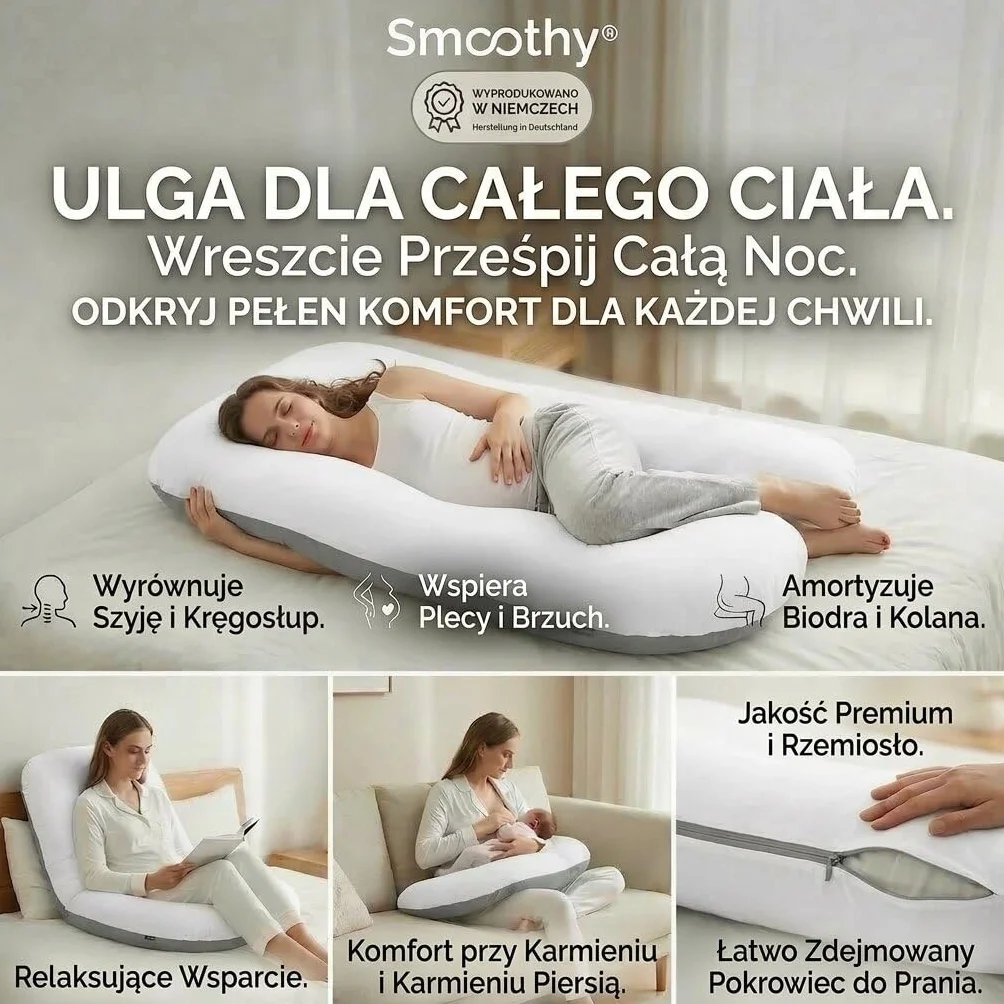 SMOOTHY XXL poduszka ciążowa dla osób śpiących na boku, poduszka do przechowywania, poduszka dla niemowląt i poduszka do karmienia w kształcie litery U, ze zdejmowaną i nadającą się do prania poszewką ze 100% bawełny (Classic XXL, 150 x 80 cm, Duo)