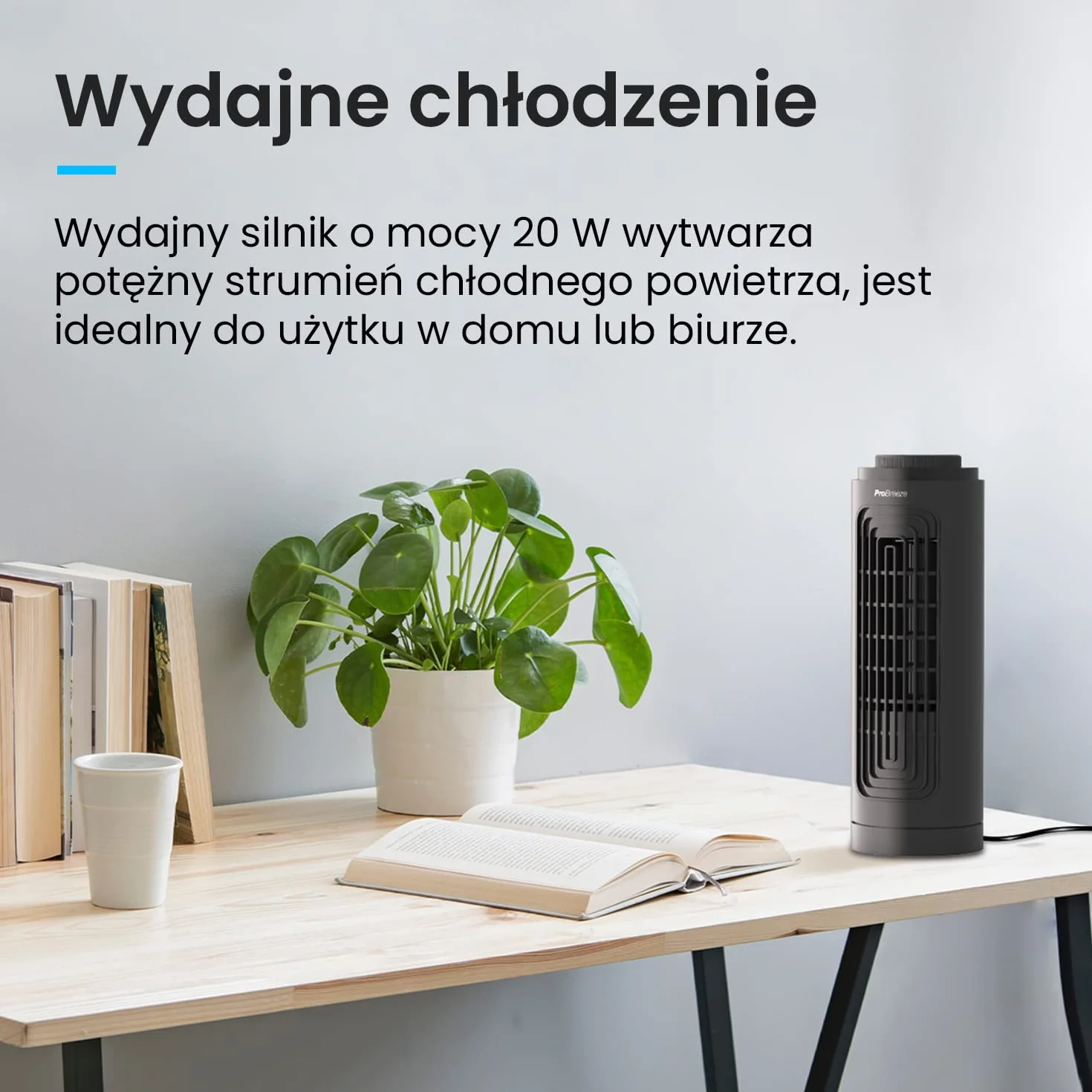 Pro Breeze Mały Wiatrak Stołowy, Mini Wentylator na Biurko, Biurowy Chłodzący Cichy Mocny, Wysokość 32cm, z Automatyczną Oscylacją 70°, Wieżowy Kolumnowy do Sypialni Gabinetu Biura, 45W, Czarny