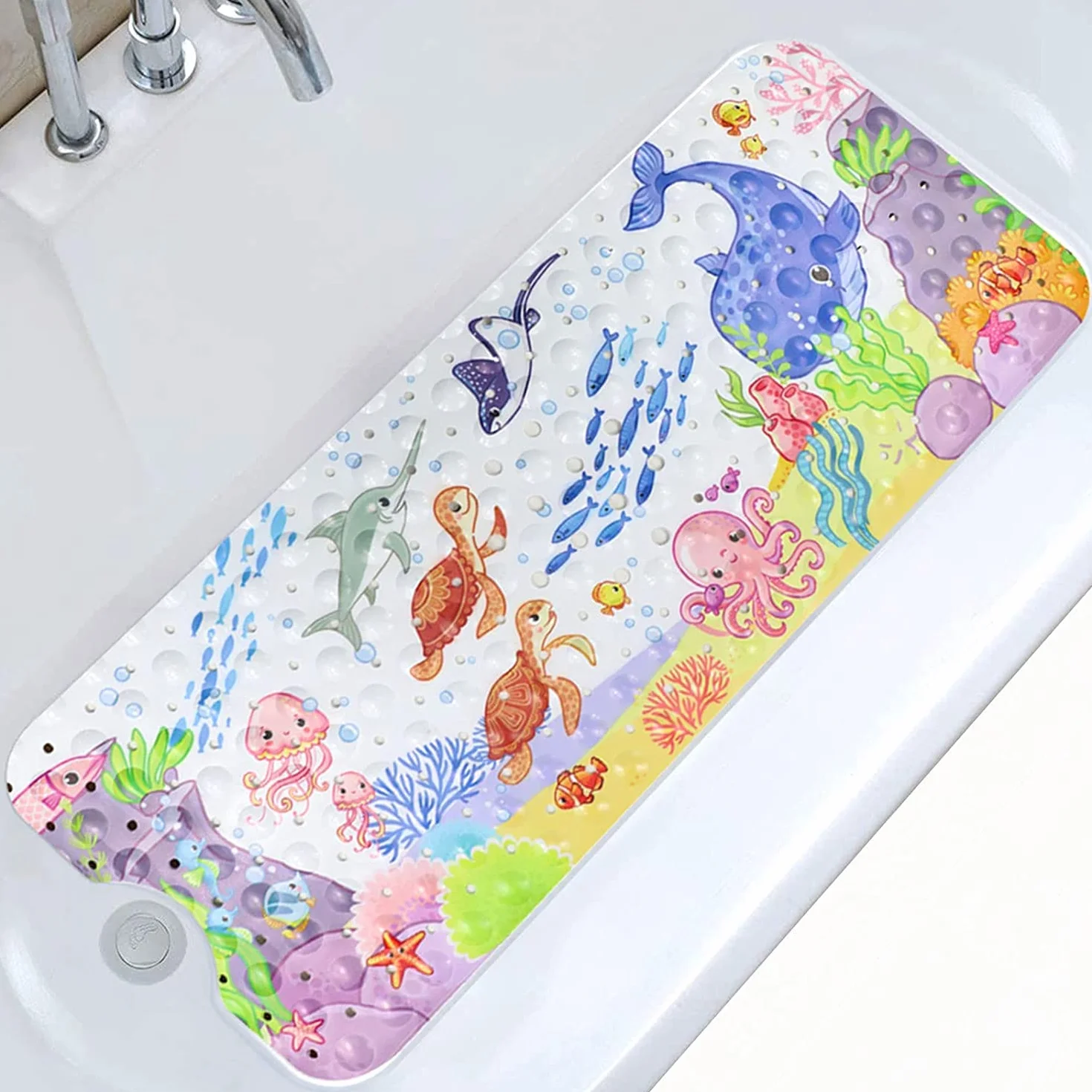 Antypoślizgowa mata do wanny dla dzieci (100 x 40 cm), obraz zwierząt morskich, mata łazienkowa z 200 przyssawkami, antypoślizgowa mata do wanny na baby shower, antypoślizgowa, odporna na