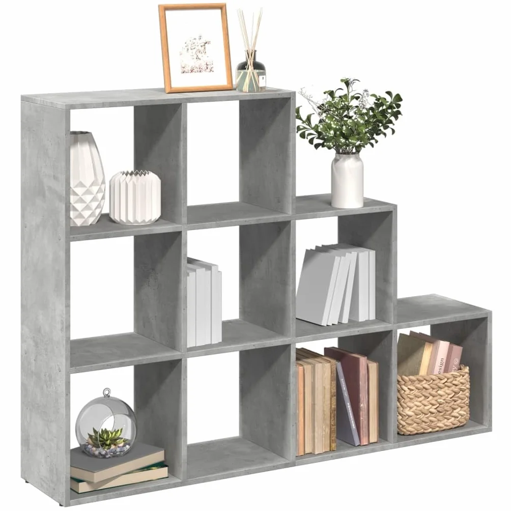 Regał na książki 3 stopnie szary betonowy 137,5 x 29 x 103,5 cm | 9 przegródek na kostkę, materiał drewnopochodny, łatwy w pielęgnacji, może służyć jako ścianka działowa