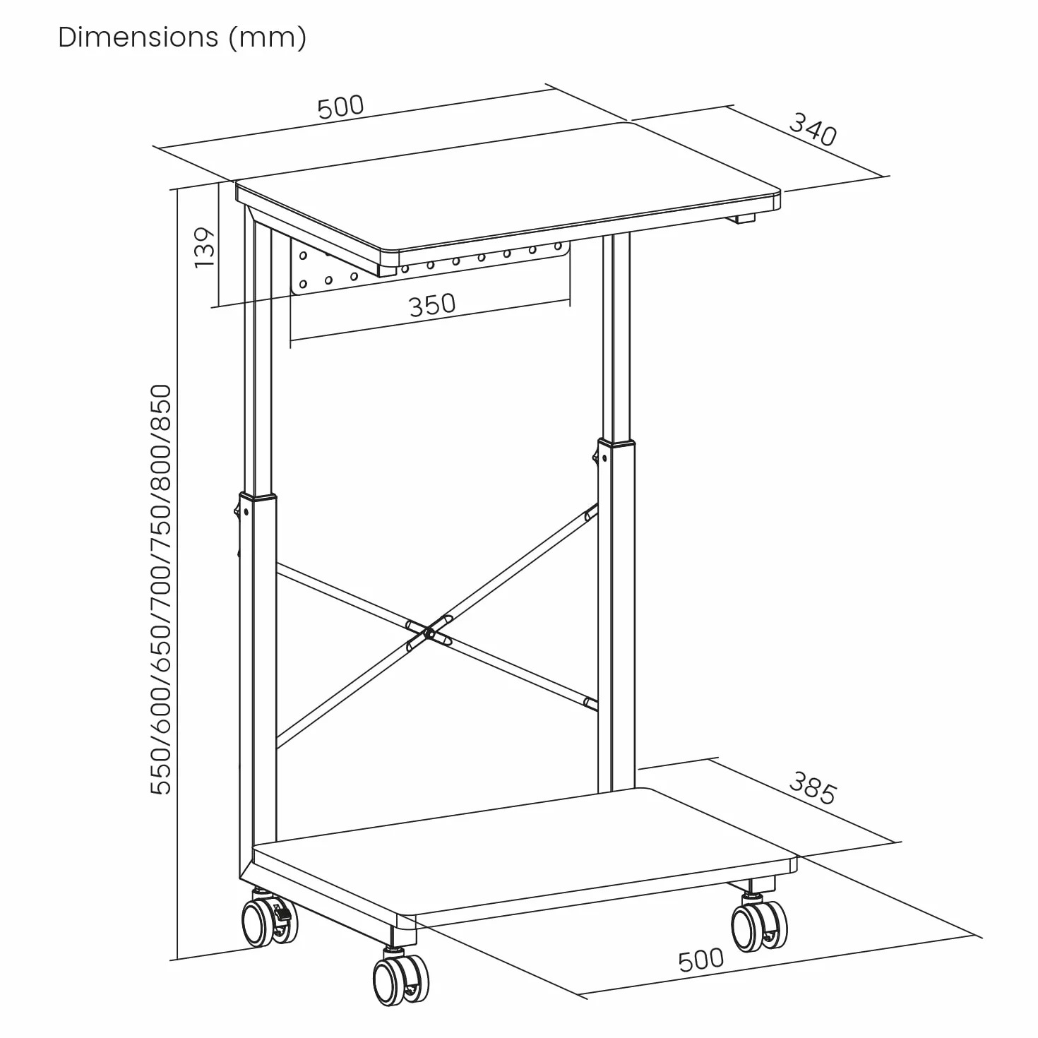 Wózek komputerowy RS430 z regulacją wysokości, 80 kg, wodoodporna półka, mobilny