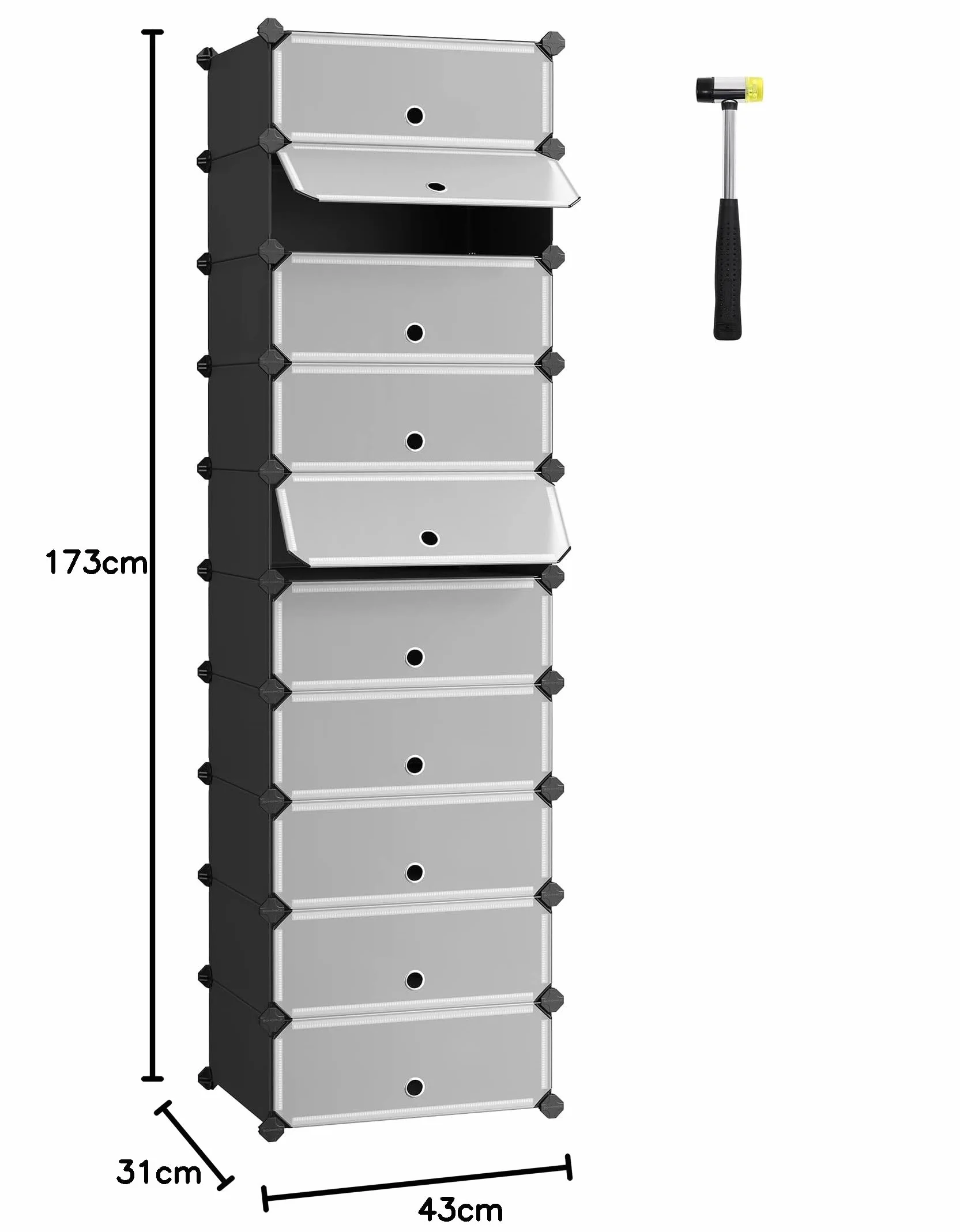 SONGMICS Zamykany stojak na buty, prostokątny organizer, 10-szczelinowy modułowy regał do przechowywania DIY, każdy moduł 40 x 30 x 17 cm, szafa z tworzywa sztucznego z drzwiami, czarny LPC10HV1