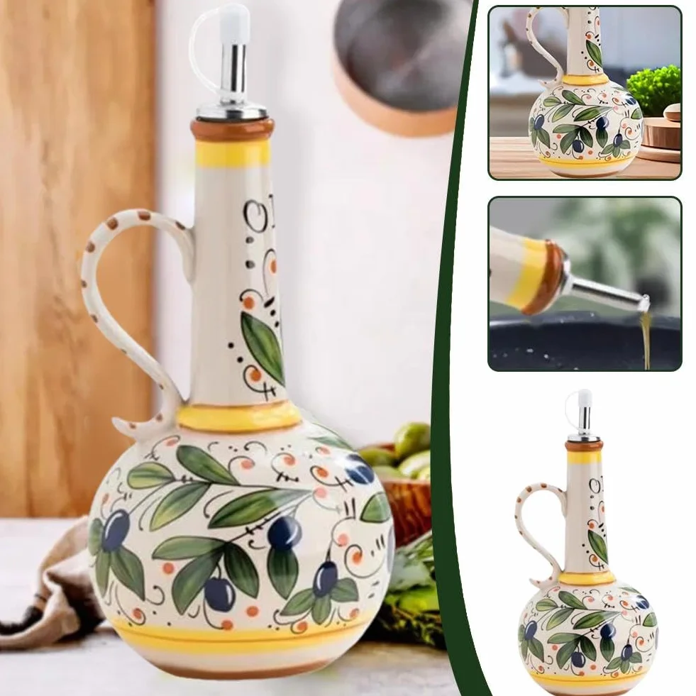 Generic Ceramiczny olej z oliwek, 500 ml, ręcznie malowana, z dziobkiem ze stali nierdzewnej, do olejów, sosów, octu