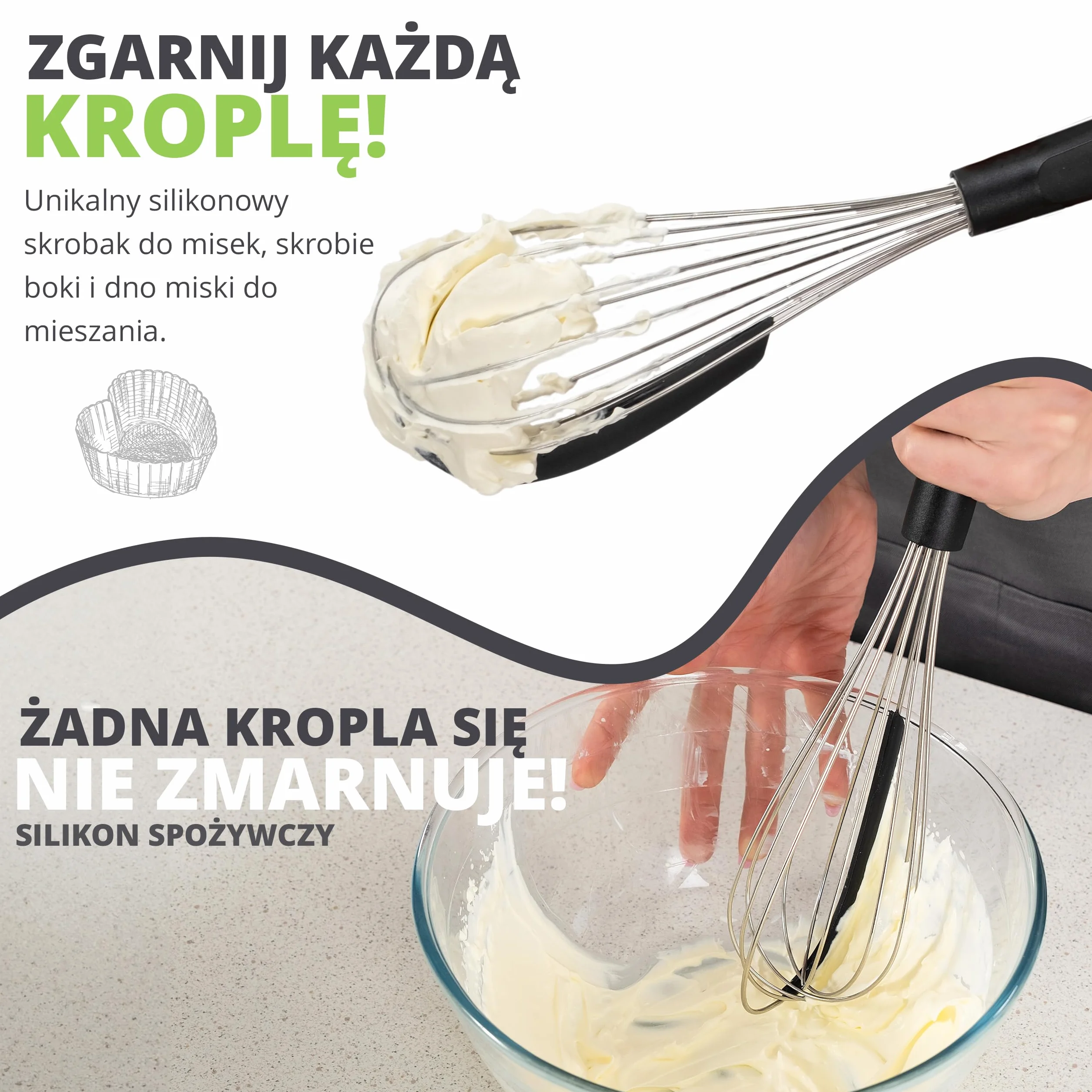 Oliver's Kitchen ® Trzepaczka do Jajek z Silikonowym Skrobakiem – Ubijaczka do Mleka Idealna do Gotowania i Pieczenia w Domu – Trzepaczka Kuchenna do Ubijania Piany, Masła, Białek – Wygodna Rączka