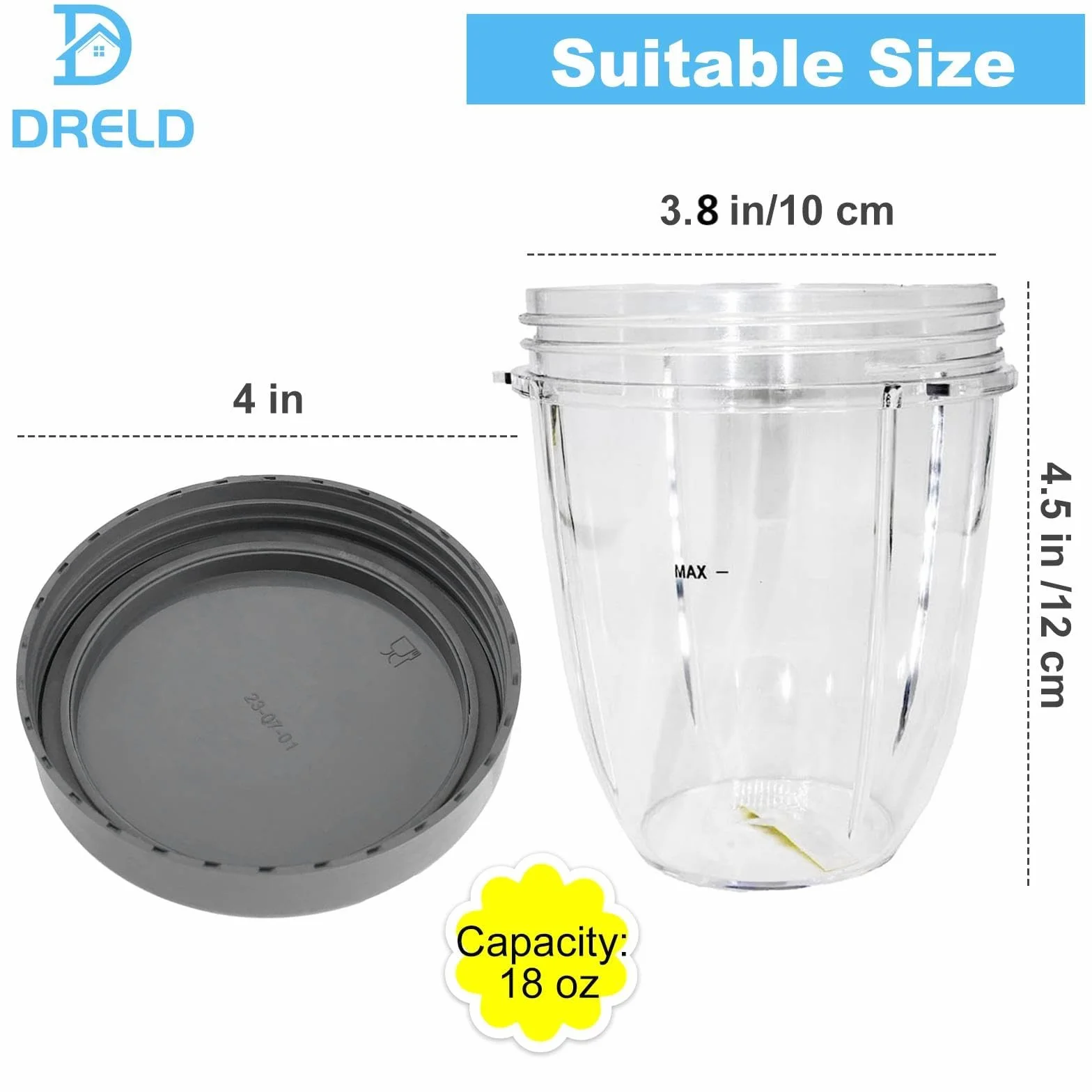 Dreld Zestaw 2 kubków 530ml z płaską pokrywką, części zamienne kompatybilne z blenderem sokowirówką Nutribullet 600W 900W (530ml)