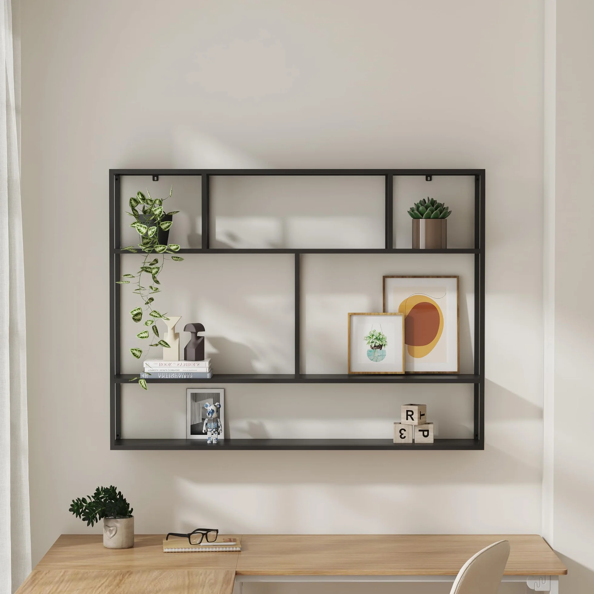 [en.casa] Regał ścienny Jämijärvi, montaż ścienny, regał na książki z 6 półkami, regał wiszący, 90 x 120 x 18 cm, regał pływający, stalowy, czarny