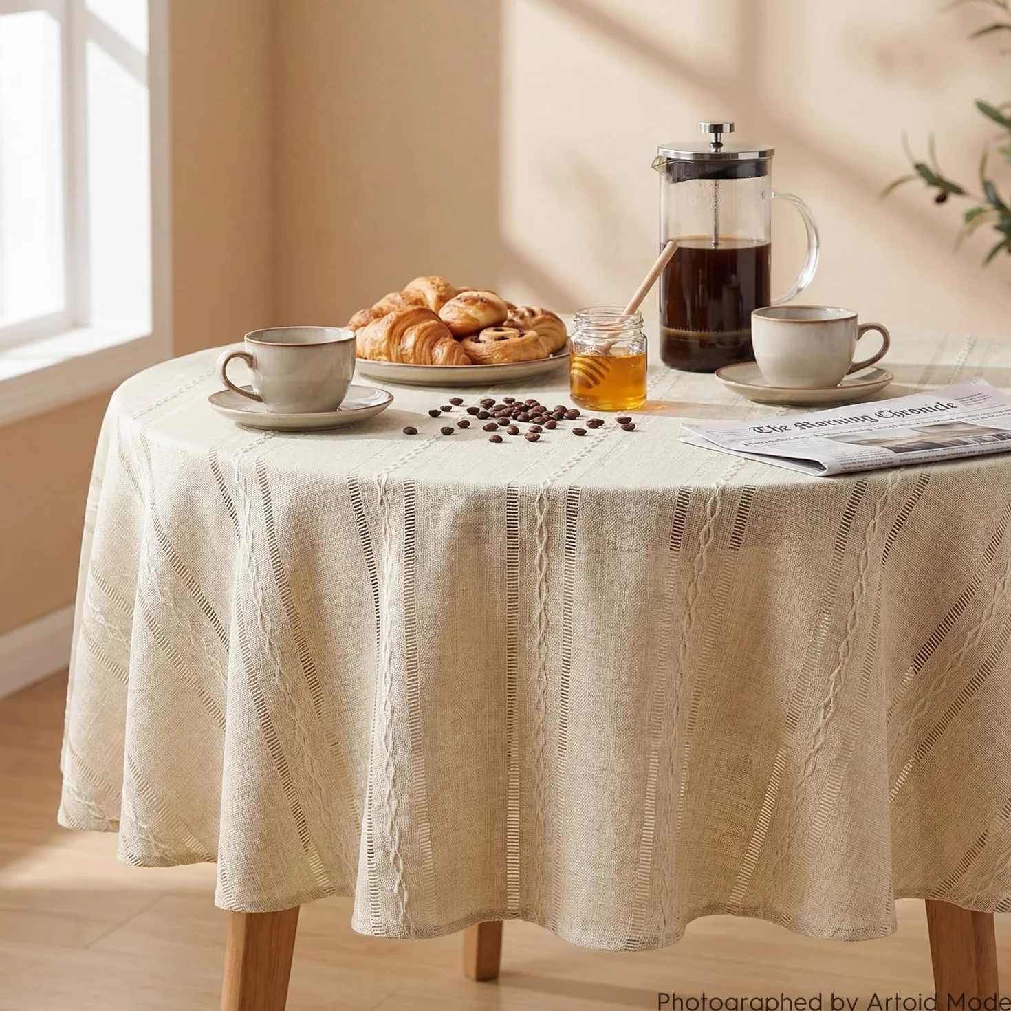 Artoid Mode Boho beżowy bawełniany lniany obrus prostokątny, okrągły, 140 cm, styl dworkowy, zmywalny, do kuchni, na urlop, imprezę, dekoracja