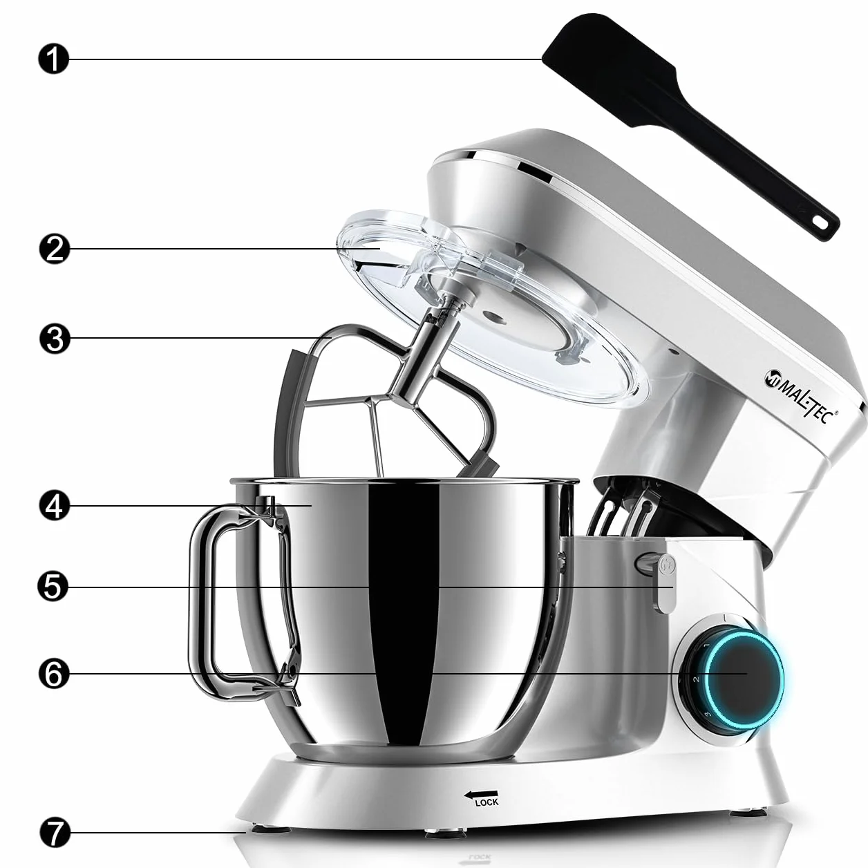 MalTec Planet robot kuchenny | MaltecChef 2200 W maszyna do ugniatania | mieszadło, hak do zagniatania, trzepaczka, ochrona przed pryskaniem | 6 prędkości i 4 funkcje | robot kuchenny SILVER 6 l