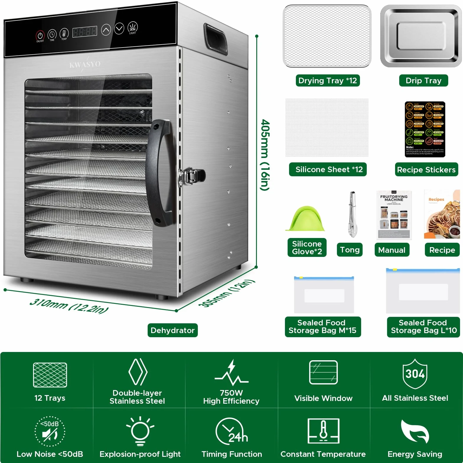 Kwasyo Odwadniacz żywności, 12 tac, odwadniacz ze stali nierdzewnej 750 W, suszarka do żywności UK z cyfrowym timerem i regulacją temperatury, ochrona przed przegrzaniem, książka z przepisami w