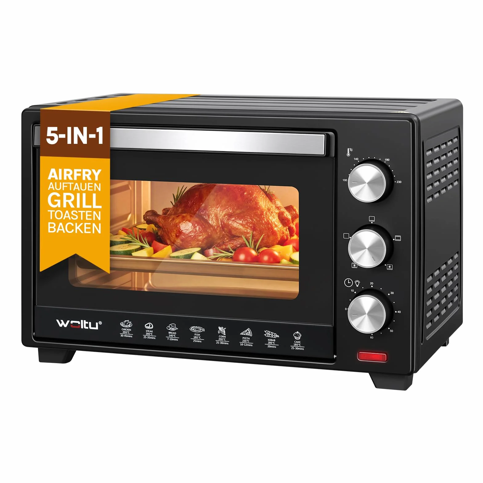 WOLTU mini piekarnik 25 litrów, piekarnik toster 1500 W | Piec do pizzy | Taca na okruchy z minipiekarnikiem z timerem do pizzy, tostów, indyka, czarnych hot-dogów