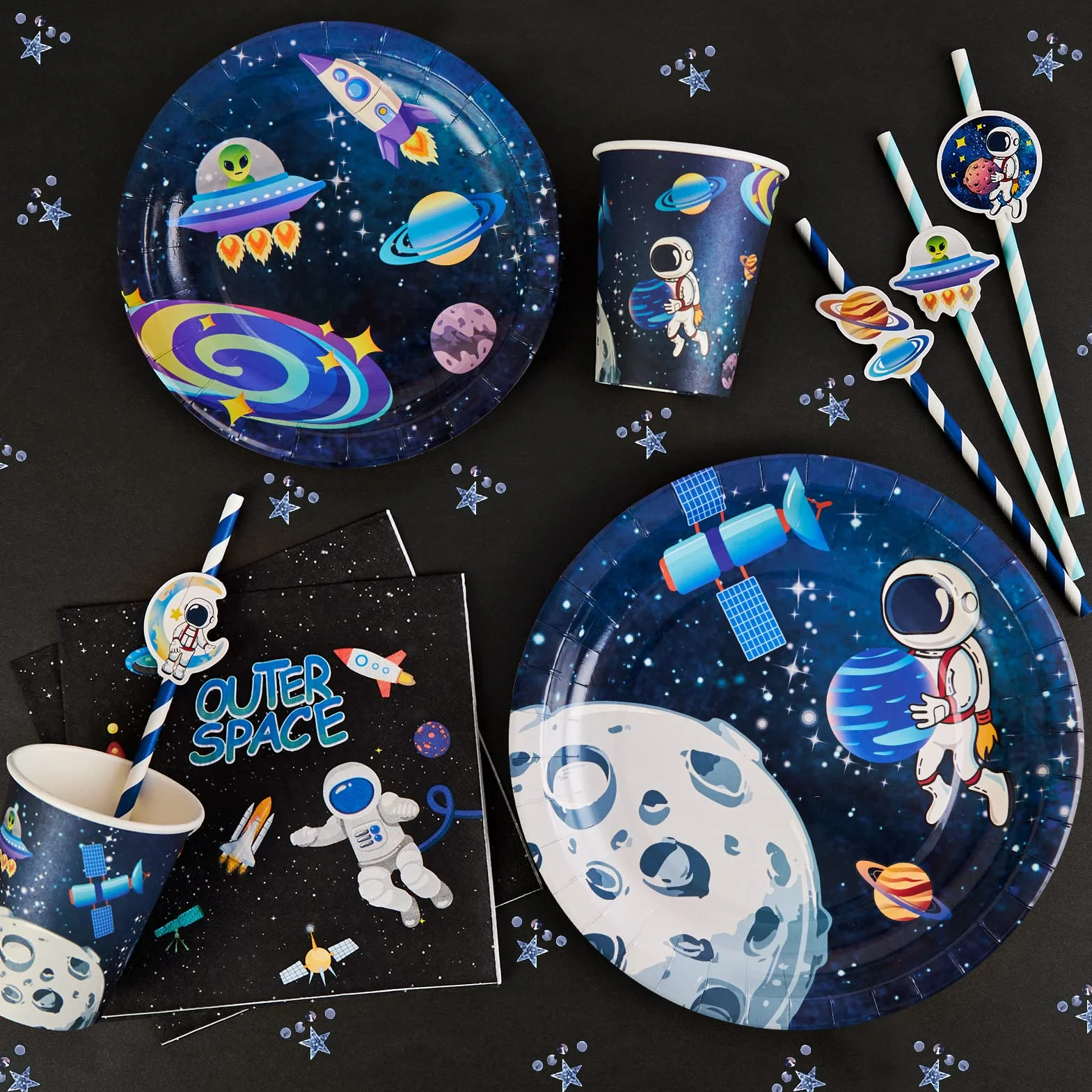 SUNBEAUTY Dekoracja urodzinowa Motyw Kosmiczny Układ Słoneczny Party Deco Zaopatrzenie na przyjęcie Talerze, Słomki, Ręczniki papierowe, Kubki Astronauta Rakieta Planeta dla dzieci