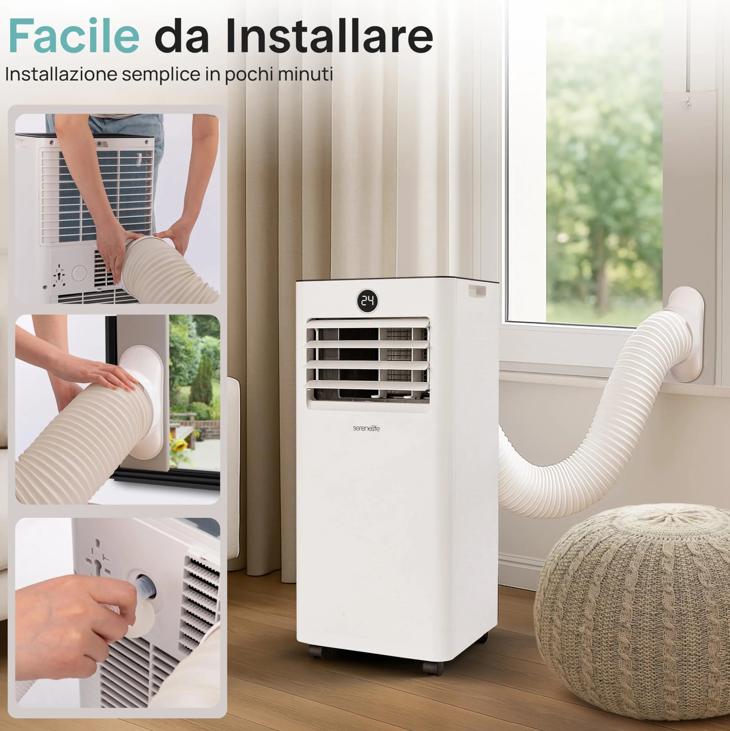 SereneLife przenośna klimatyzacja i ogrzewanie – mobilny klimatyzator 9000 BTU z zestawem okiennym, cicha praca, 3 tryby, 12-godzinny timer, funkcja Wi-Fi, do domu i biura
