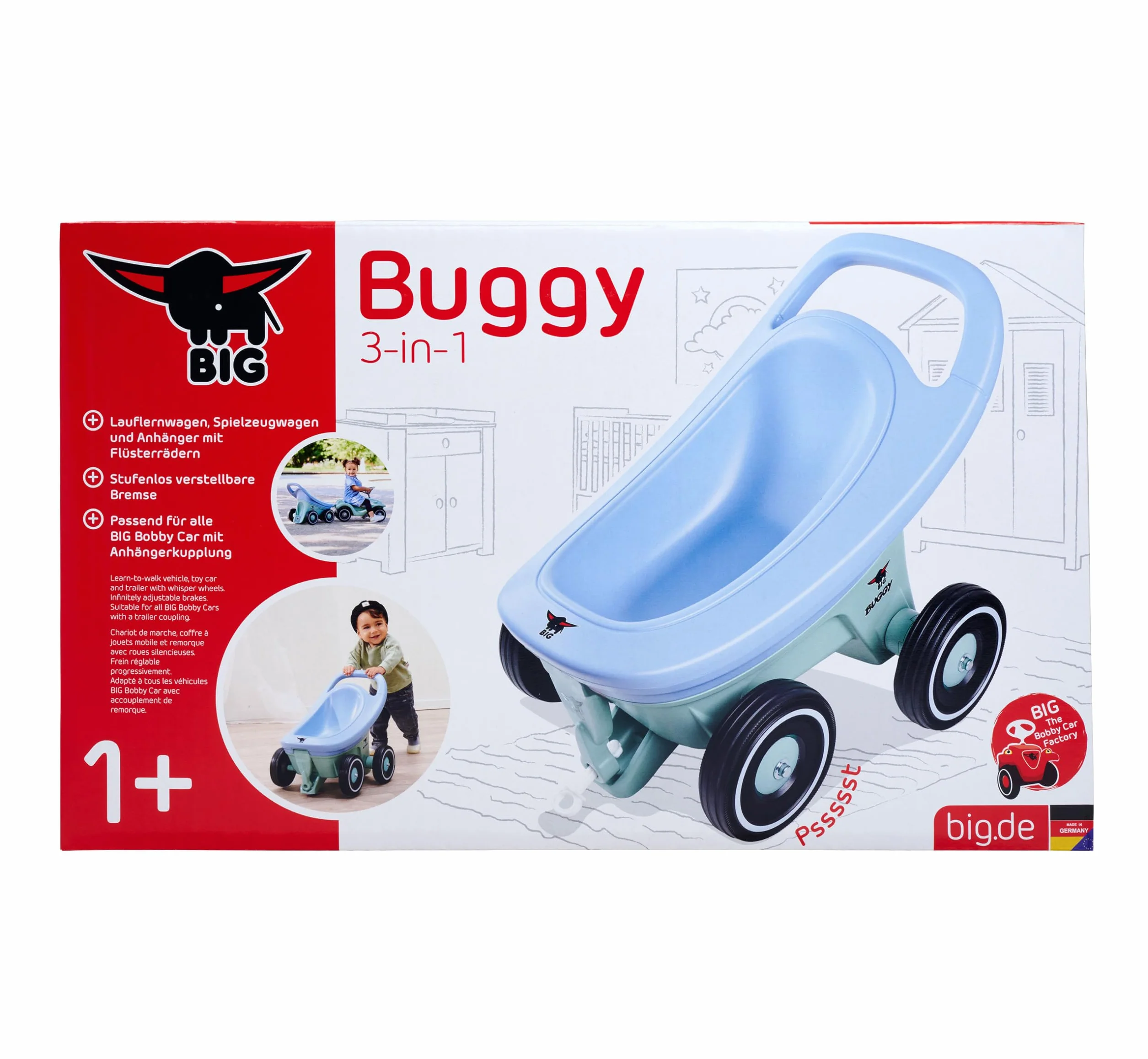 Big Buggy 3 w 1 wózek do nauki chodzenia z regulowaną funkcją hamowania, przyczepa, w zestawie 4 kółka szeptane, niebiesko-turkusowy Big Buggy, dla dzieci od 1 roku życia