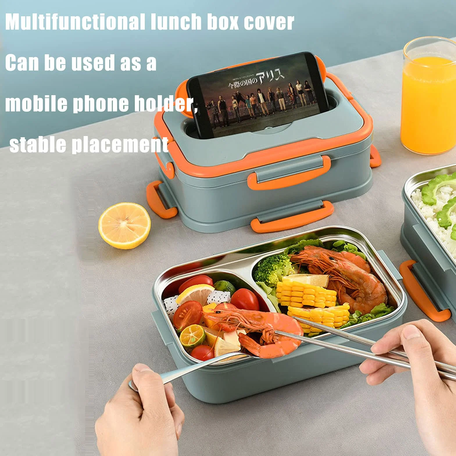 Kwadratowe Pudełko na Lunch ze Stali Nierdzewnej, Termiczne Pudełko na Lunch Bento dla Dorosłych Pojemniki na żywność z Torbą na Lunch i Sztućcami do Pracy w Szkole, 3-poziomowy(Color:Niebieski)