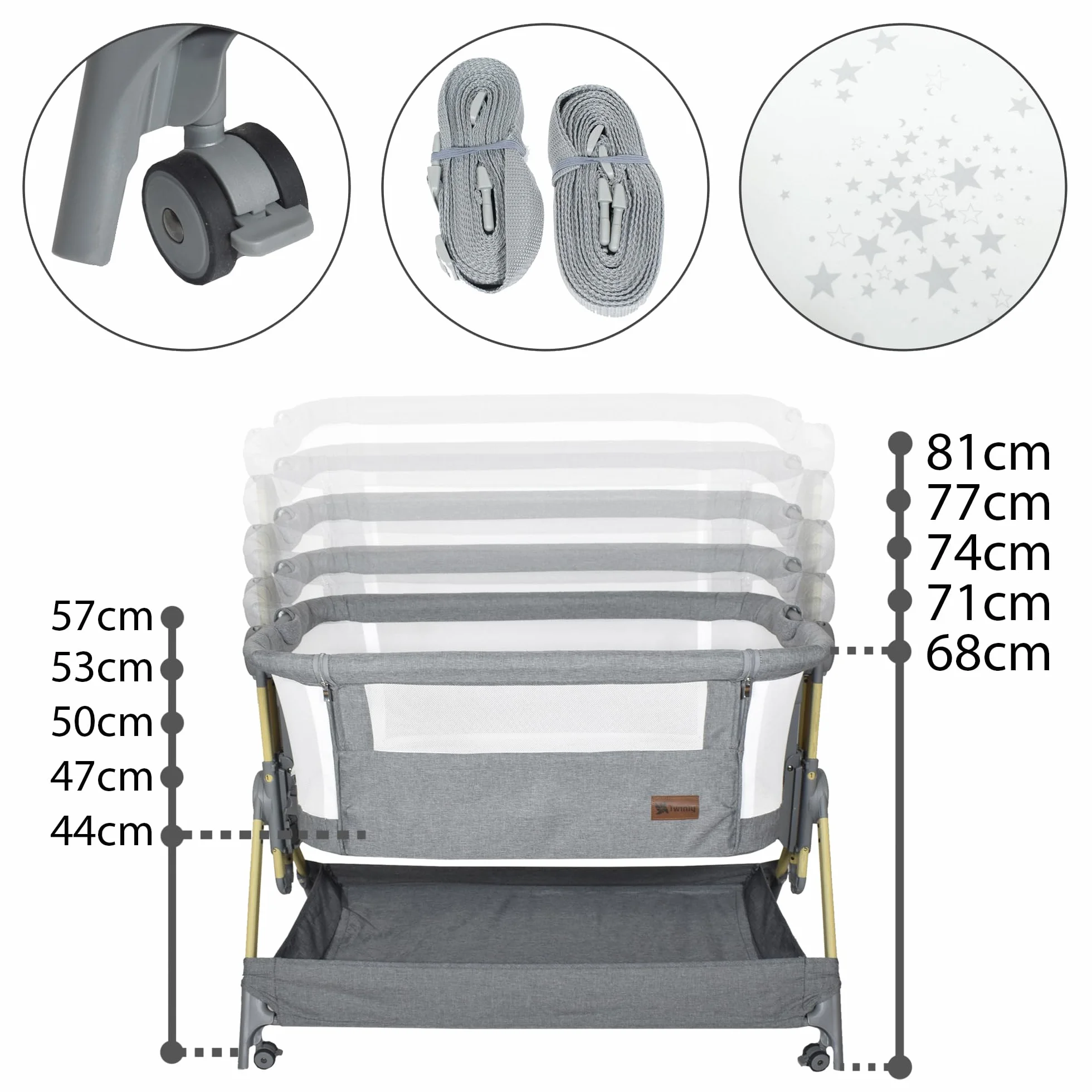 Twinly Comfortly 2 w 1 łóżeczko dziecięce i łóżeczko dziecięce z kółkami, składane mini łóżeczko podróżne, bez mocowania, regulowana wysokość i funkcja przeciwodblaskowa, w zestawie materac
