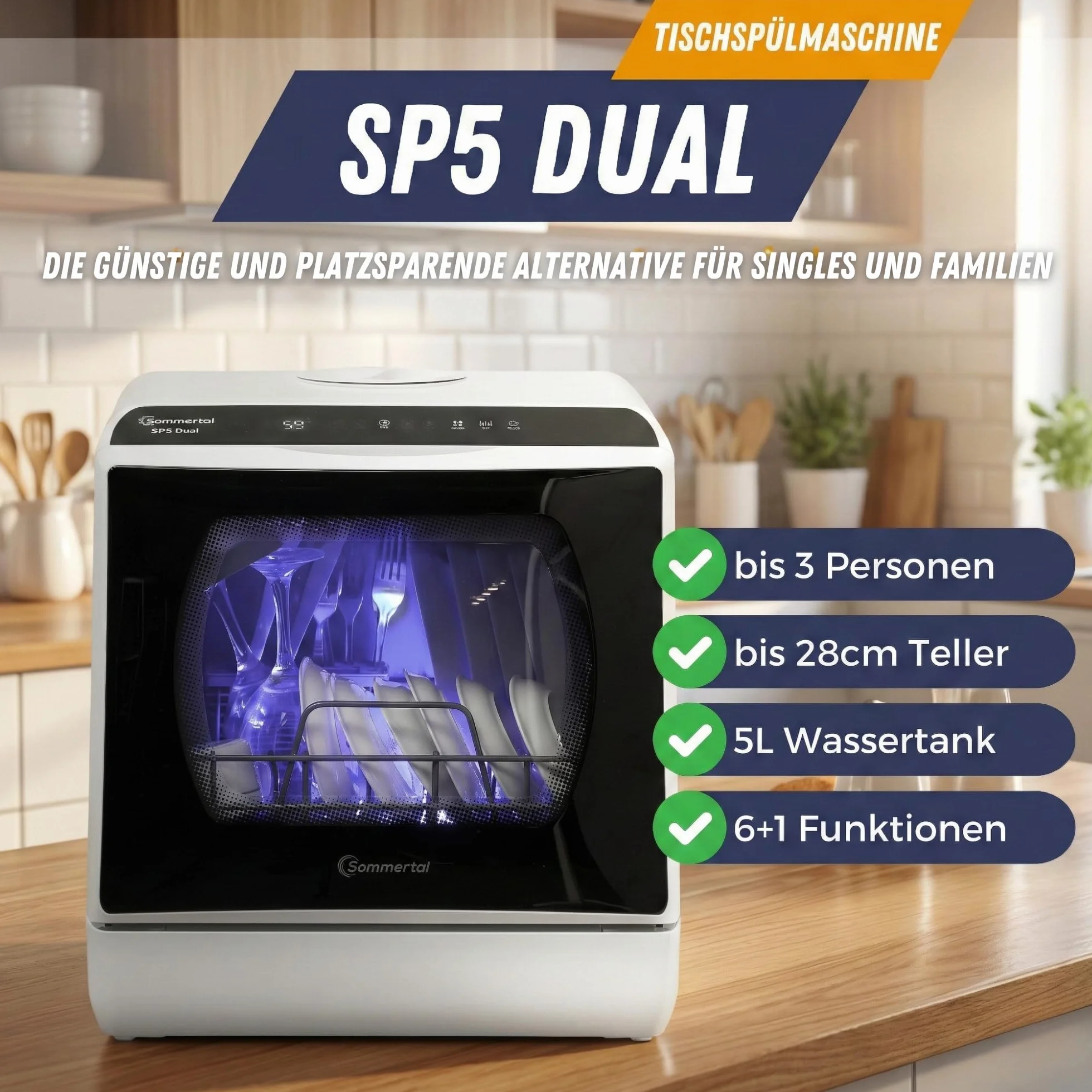 Sommertal Zmywarka stołowa SP5 Dual – mini zmywarka do naczyń lub zmywarka stołowa z 6 programami prania, pokrywa czyszczenia 360°, elastyczne zaopatrzenie w wodę – na kemping i do kampera
