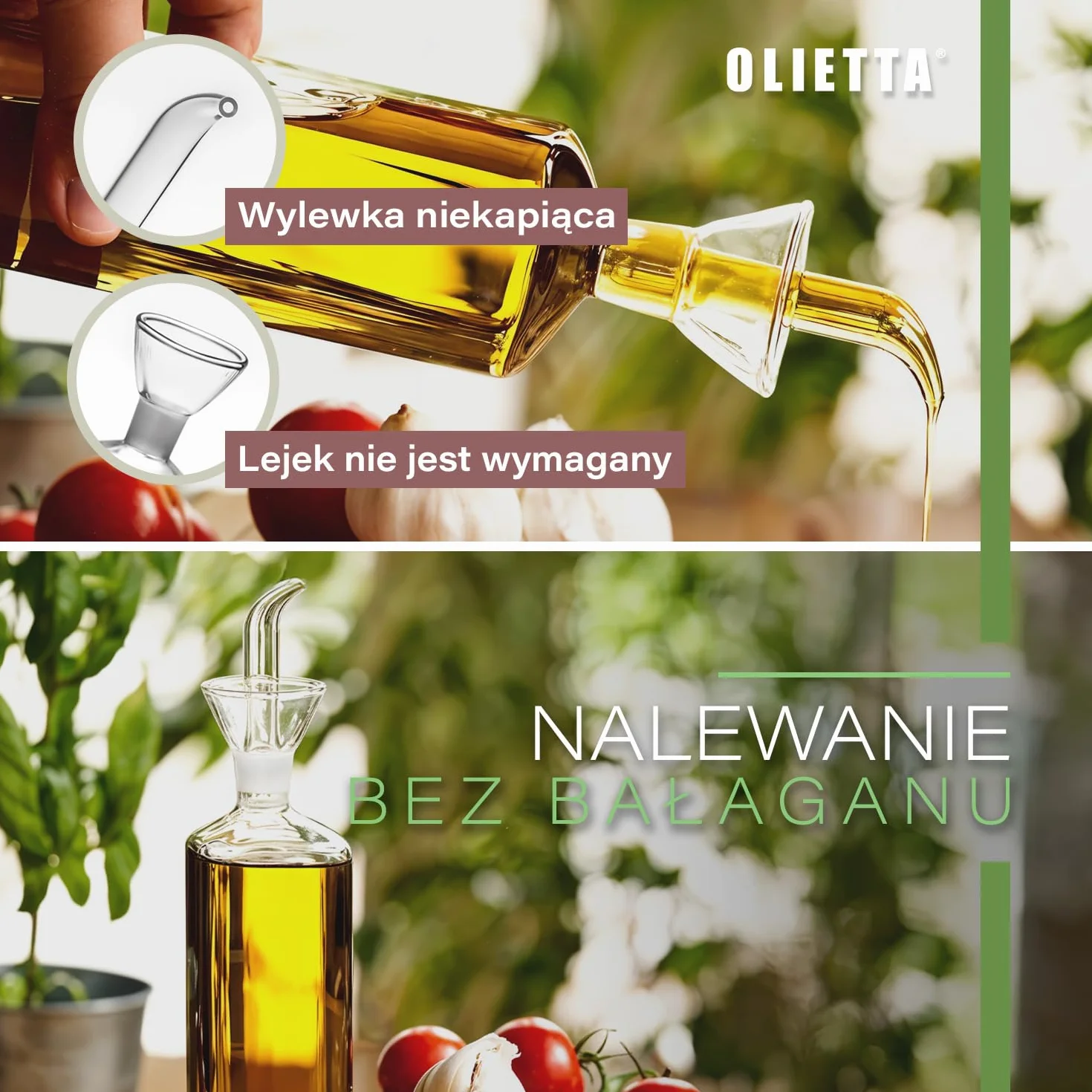 Olietta Szklany dozownik oliwy borokrzemianowy, 500 ml – niekapiący, szczelny nalewak do oliwy i octu, łatwy w czyszczeniu, niekapiąca butelka do kuchni