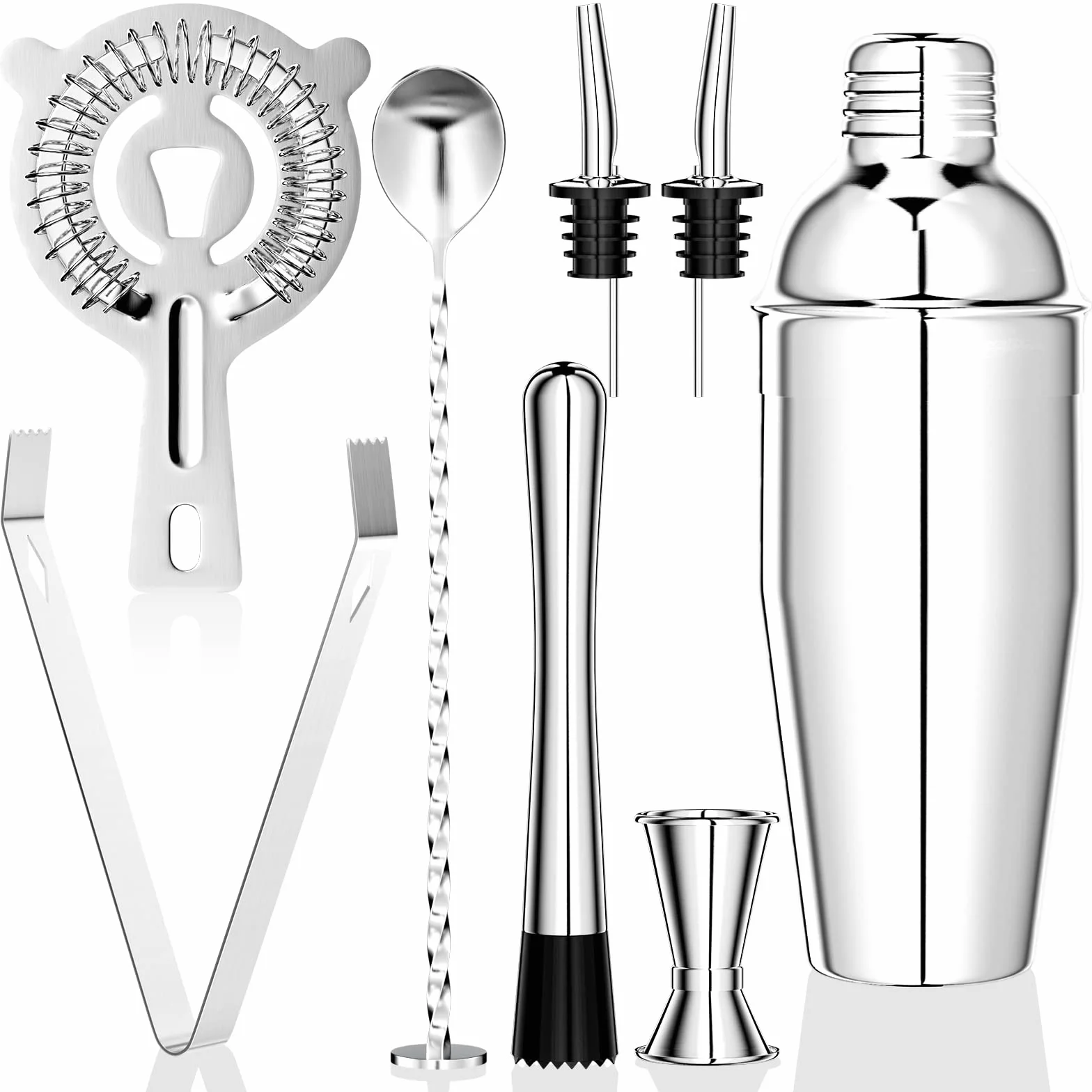 Gvolatee Zestaw koktajlowy 750 ml, 8 elementów ze stali nierdzewnej Shaker Mixer, profesjonalne akcesoria barmańskie, z Shakerem, podwójną miarką, łyżką, nalewakiem, do domu, mieszania drinków, baru, na imprezy (srebrny)