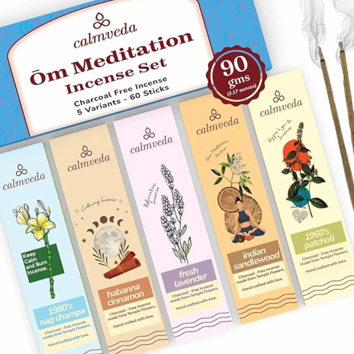 CALMVEDA, Kadzidełka do medytacji wielopak - (5 wariantów, 60 patyczków) patyczki insensé bez węgla | Nag Champa, kadzidło paczuli z lat 60., lawenda, cynamon i drzewo sandałowe, prezenty medytacyjne,