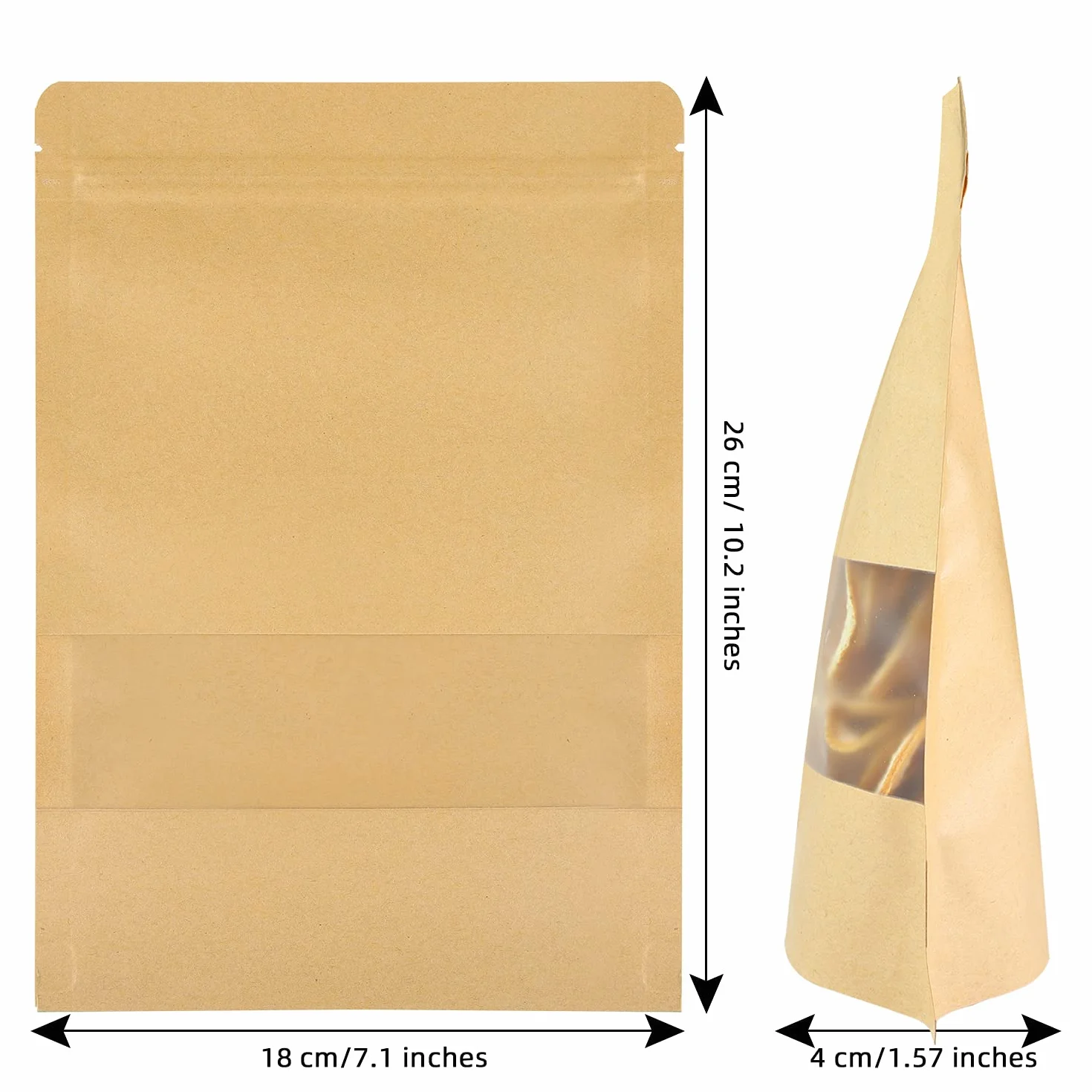 100 szt. Kraft Stand Up Pouches – 18 x 25 cm zamykane torby do przechowywania żywności z matowym okienkiem do pakowania