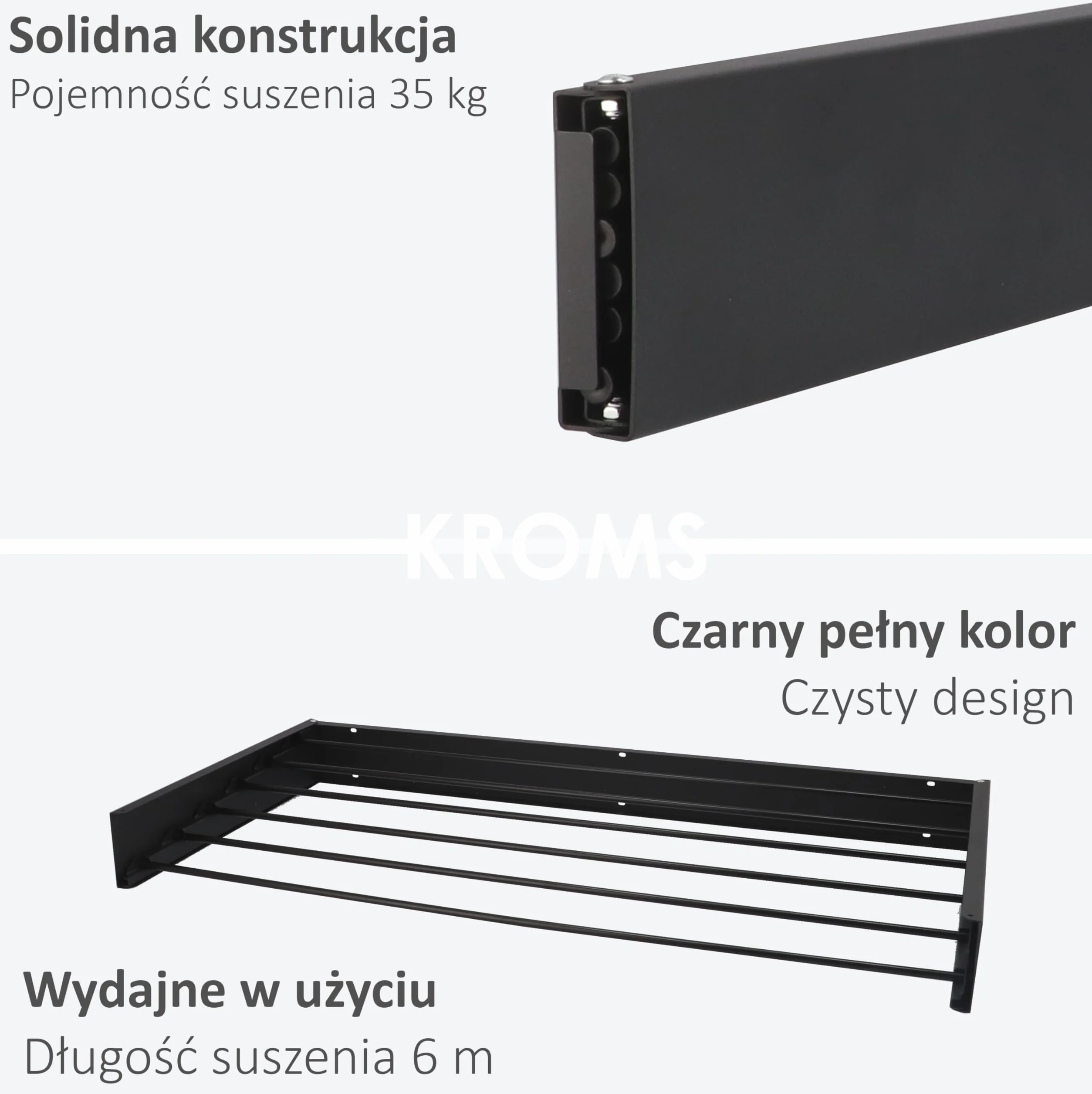 Suszarka ścienna składana Full Color czarna 100 cm aluminiowa – 6 m długości suszenia – Zawiera szablon montażowy – Suszarka na pranie – Suszarka do ubrań na ścianę – Mocowana na ścianie