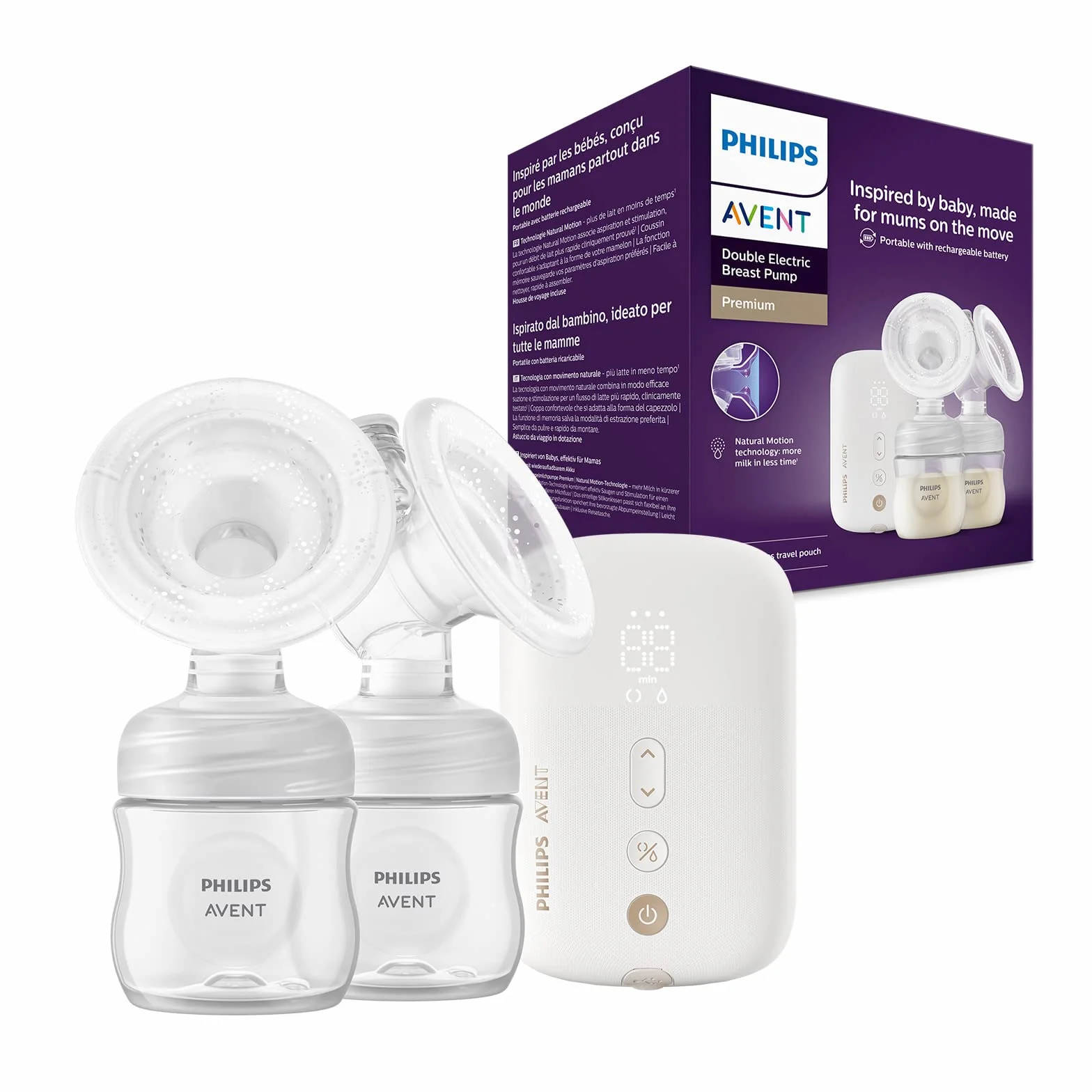 Philips Avent Podwójny elektryczny laktator przenośny. 5 woreczków do przechowywania mleka, 2 butelki dla niemowląt, bez BPA. Model SCF398/31 (wersja podwójna)