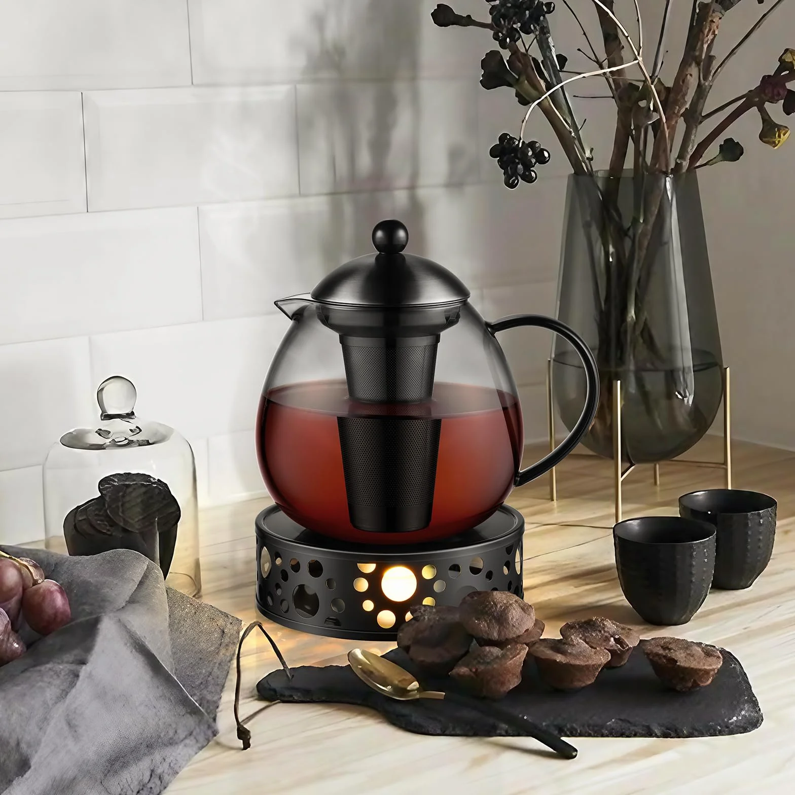 glastal Szklany czarny dzbanek do herbaty 1500 ml z sitkiem ze stali nierdzewnej 18/8 ze szkła borokrzemowego, szklany dzbanek do zaparzacza do herbaty