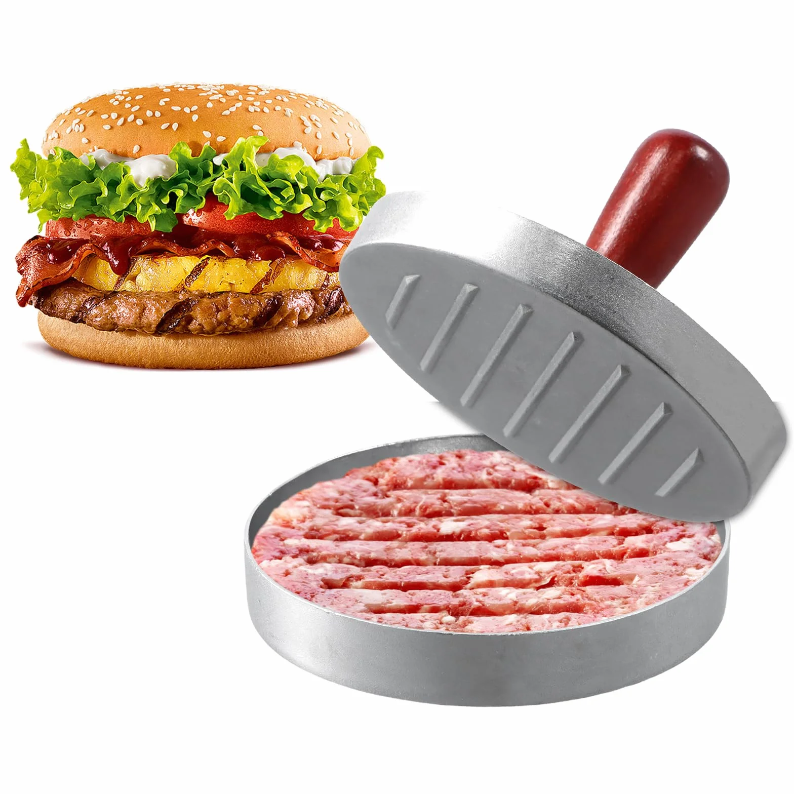 Okrągła aluminiowa prasa do hamburgerów z drewnianym uchwytem, nieprzywierająca forma do hamburgerów, idealna do wyciskania ciastek i użytkowania BBQ, w tym 50 arkuszy papieru
