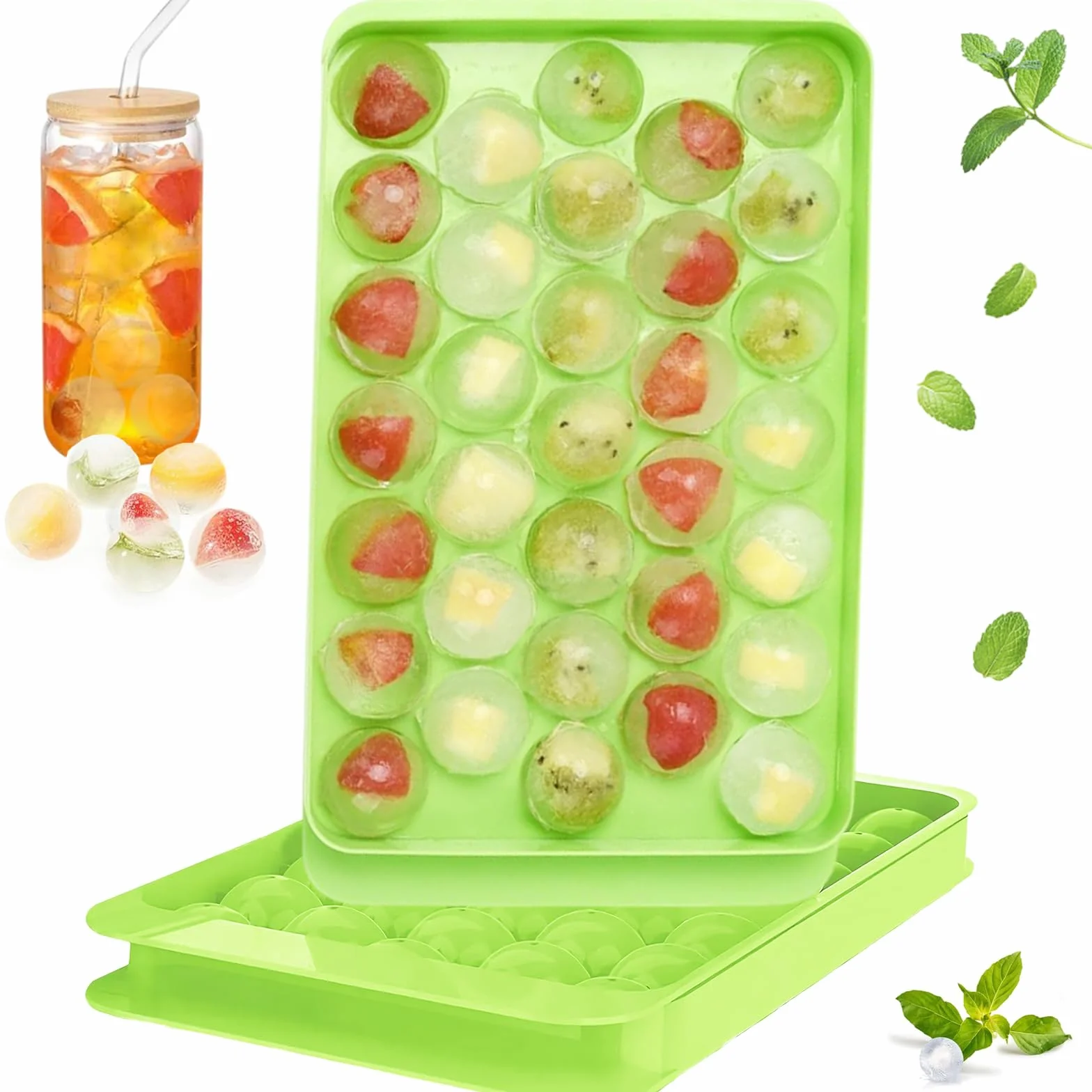 Mini foremki do kostek lodu, 66 sztuk, okrągłe kulki, pojemnik na kostki lodu, pojemnik na kostki lodu, bez BPA, z pokrywką, okrągła forma do lodów, koktajli, whisky, kawy i herbaty (zielona)