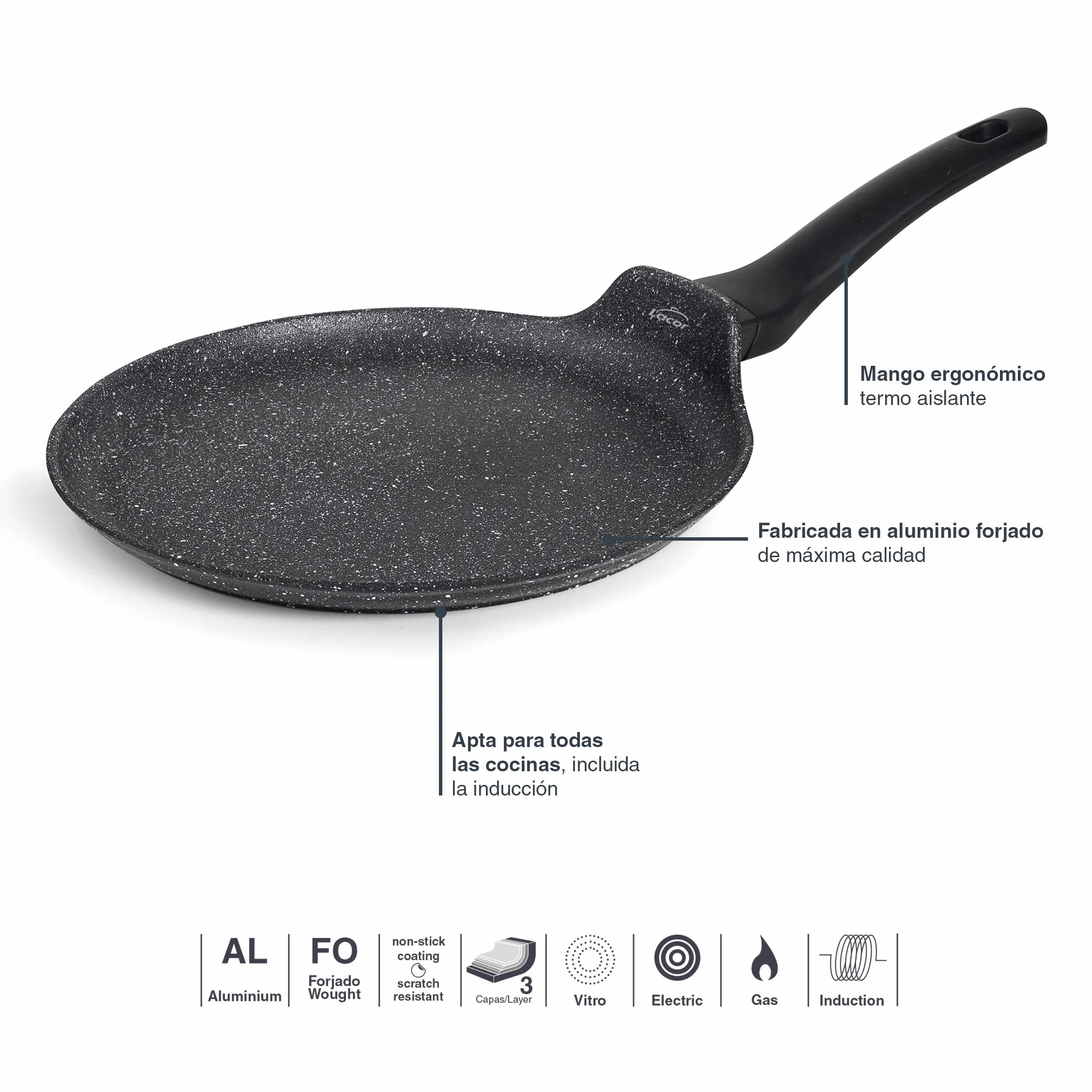 Lacor - 26844 - Naleśnik z Kutego Aluminium, Nieprzywierający, Nadaje Się do Wszystkich Rodzajów Kuchenek, W Tym Indukcyjnych, W Pełni Indukcyjnych, Średnica24 Cm