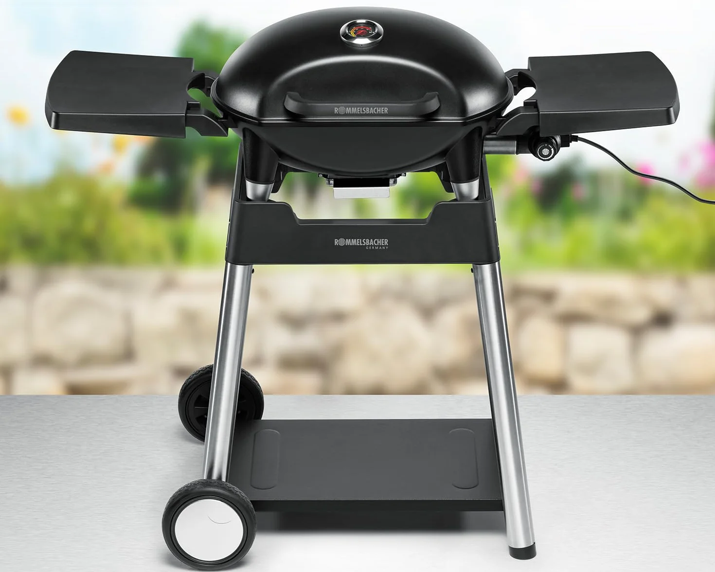 ROMMELSBACHER Barbecue BBQ 4100/S, 2-częściowy ruszt do grillowania z żeliwa, pokrywa na zawiasach ze wskaźnikiem temperatury, temperatury do 300°C, bezstopniowa regulacja, w zestawie z wózkiem