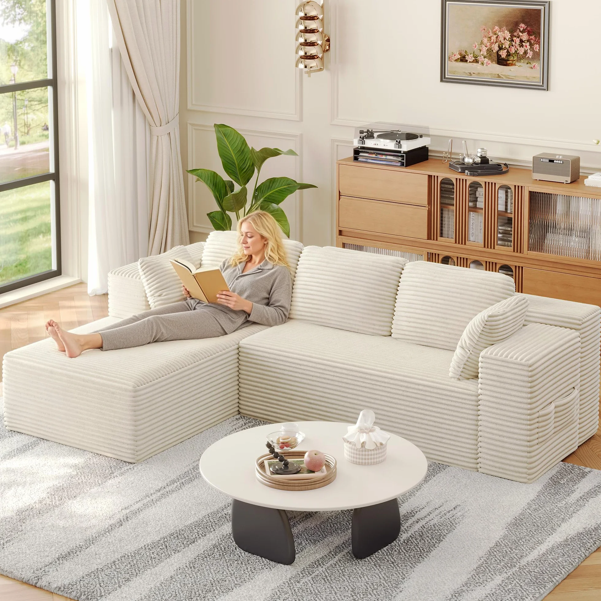 Xbro Sofa 3-osobowa w kształcie litery L z sztruksu, nowoczesna sofa do salonu z poduszkami i bocznymi kieszeniami, pianka 30D o wysokiej gęstości, 250 x 160 x 62 cm, Beżowa