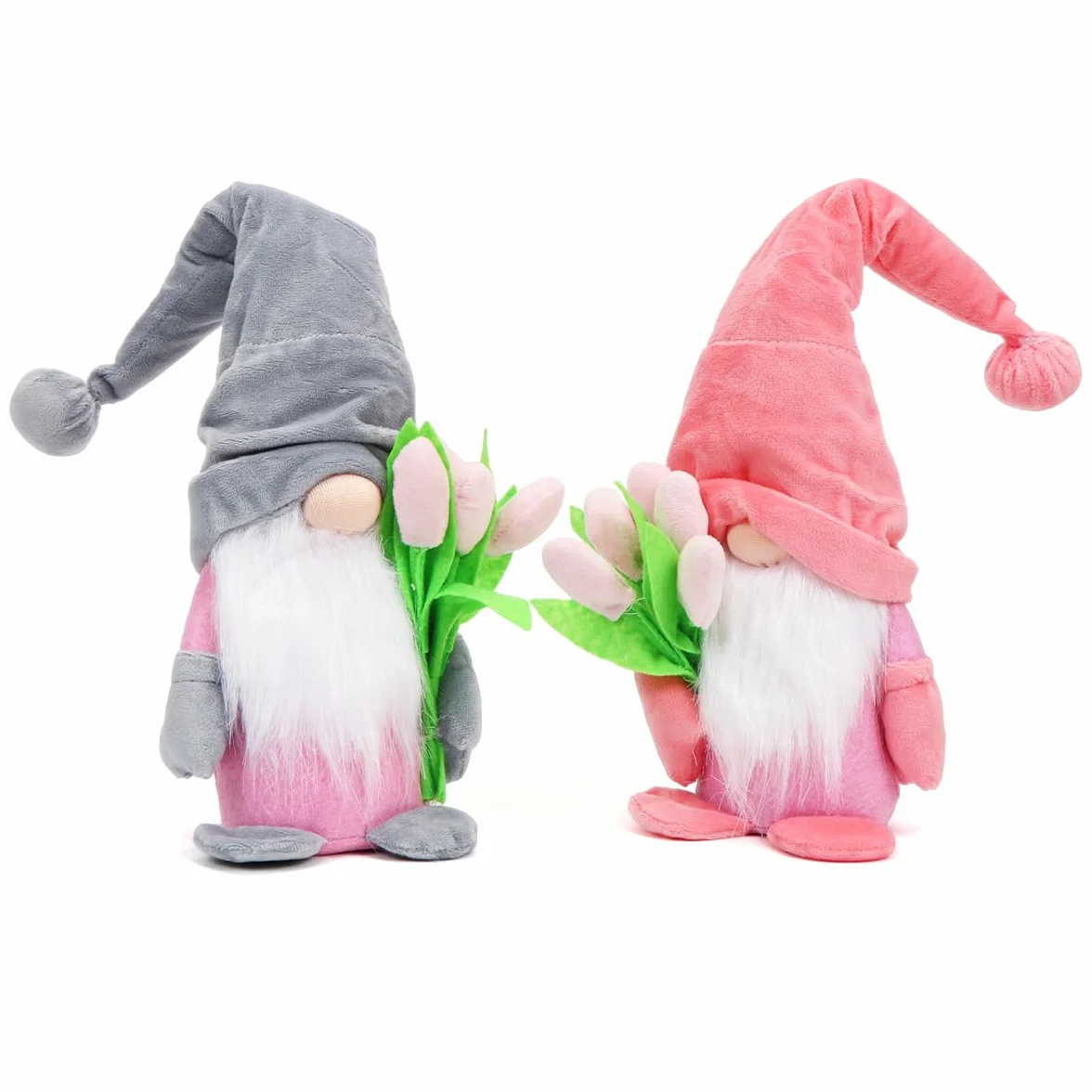 O-Kinee 2 sztuki skrzata wiosny z tulipanami, bukiety kwiatów, figurki skrzatów, dekoracja wiosenna, słodki, wiosenny skrzat, tulipany, prezent dla kobiet, mamy, na Dzień Matki, dekoracja skrzata