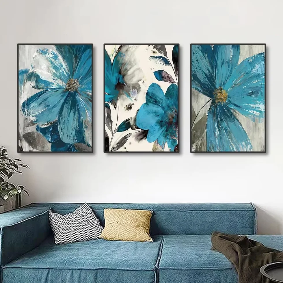 DFZEWKI Kwitnące życie botaniczny nadruk sztuka ścienna obrazy na płótnie vintage niebieska farba kwiaty plakaty ścienne dekoracja salonu (70 x 100 cm (26 x 39 cali) x 3)