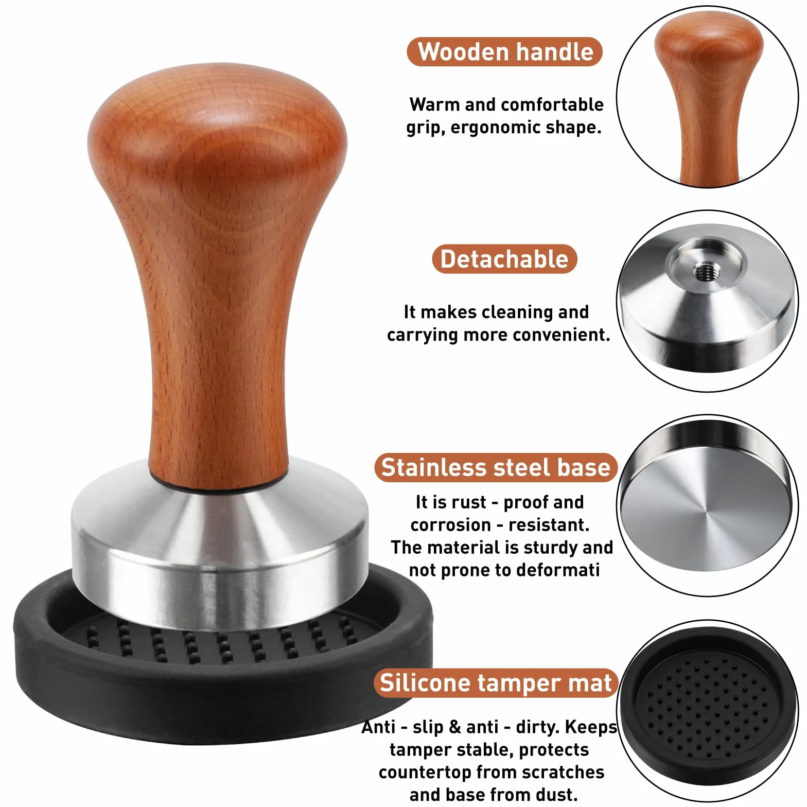 Tamper do espresso, 53 mm, tamper do kawy, z drewnianym uchwytem i matą silikonową, ubijak do kawy, silikonowy ubijak do kawy, ze stali nierdzewnej