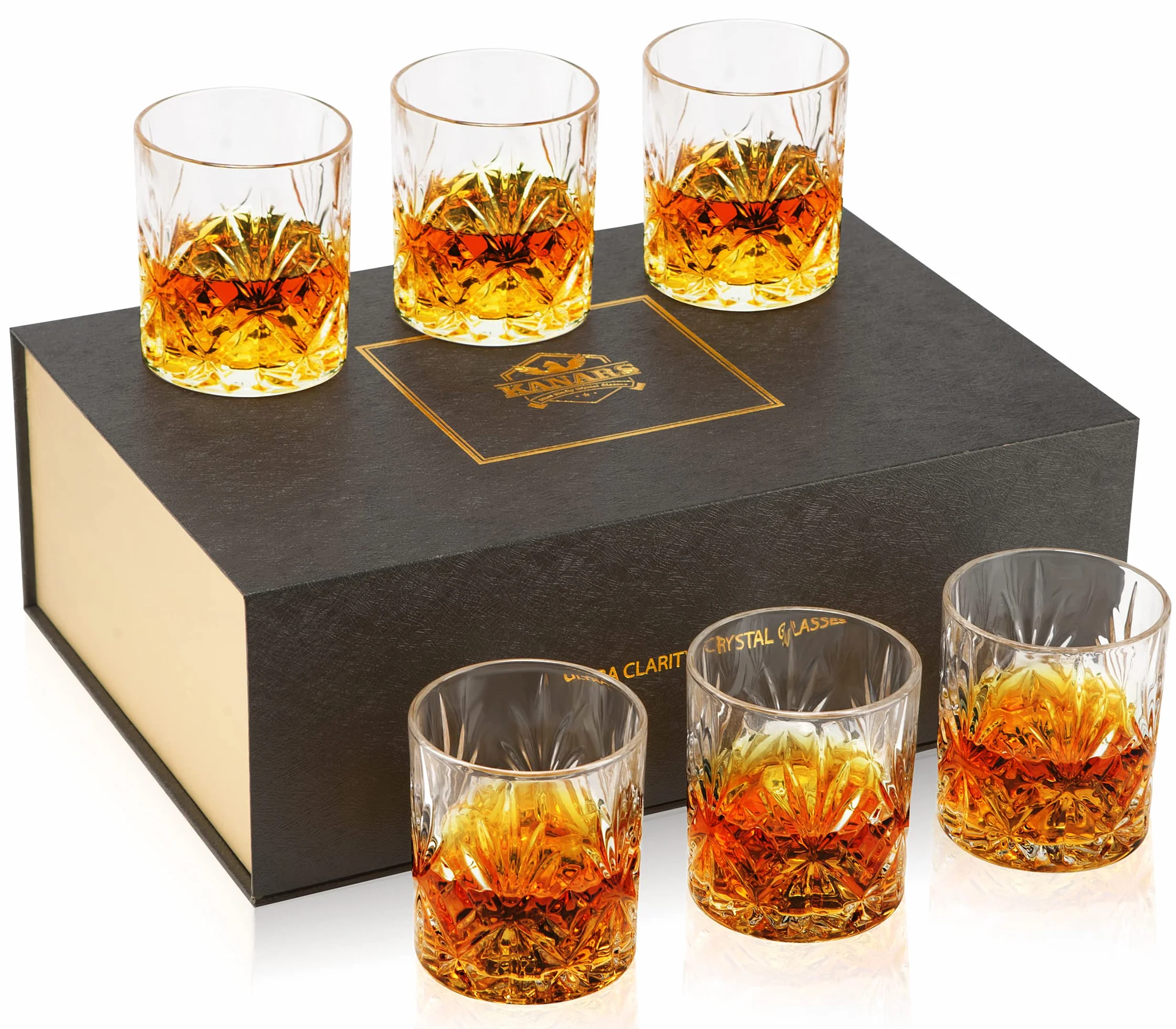 KANARS Zestaw Szklanek do Whisky, CKryształ Szkło Whisky, Pomysły Na Prezenty Dla Jego Tata Chłopiec Mąż Dziadek, Stylowe Pudełko Upominkowe, Zestaw 6 Sztuk, 300 ml