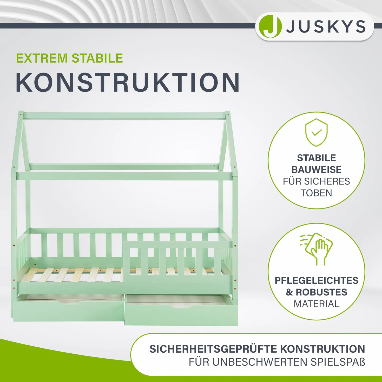 Juskys® Łóżko dziecięce Marli 80 x 160 cm ze skrzynią na pościel, 2-częściowe, ochrona przed wypadnięciem, stelażem i dachem – łóżko domowe z litego drewna dla dzieci – łóżko w kolorze miętowym