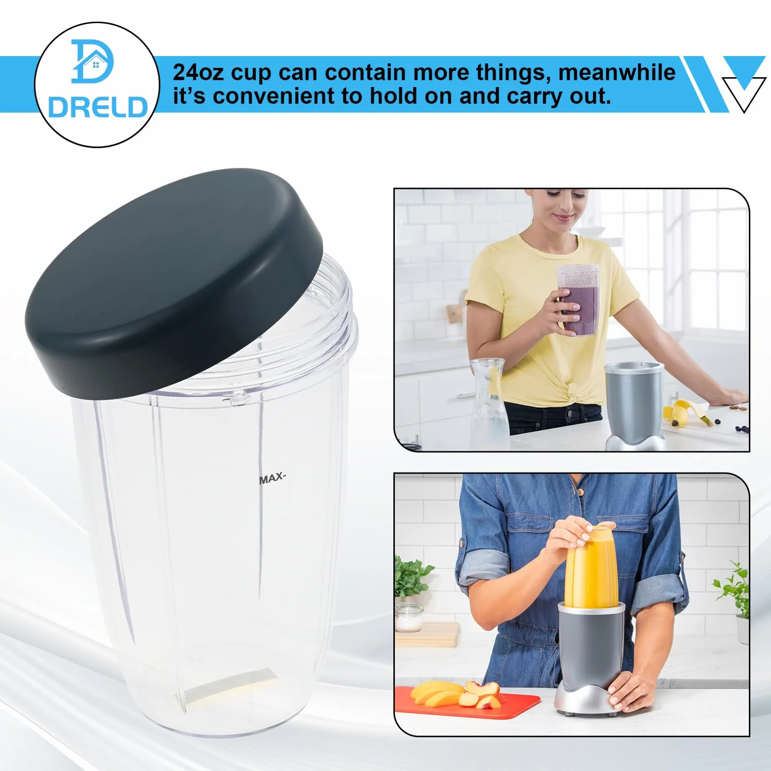 DRELD Zestaw 2 części zamiennych do sokowirówki Nutribullet 24 oz, 2 kubki zapasowe Nutribullet z pokrywką, kompatybilne z sokowirówką Nutribullet 900 W/600 W (710 ml)