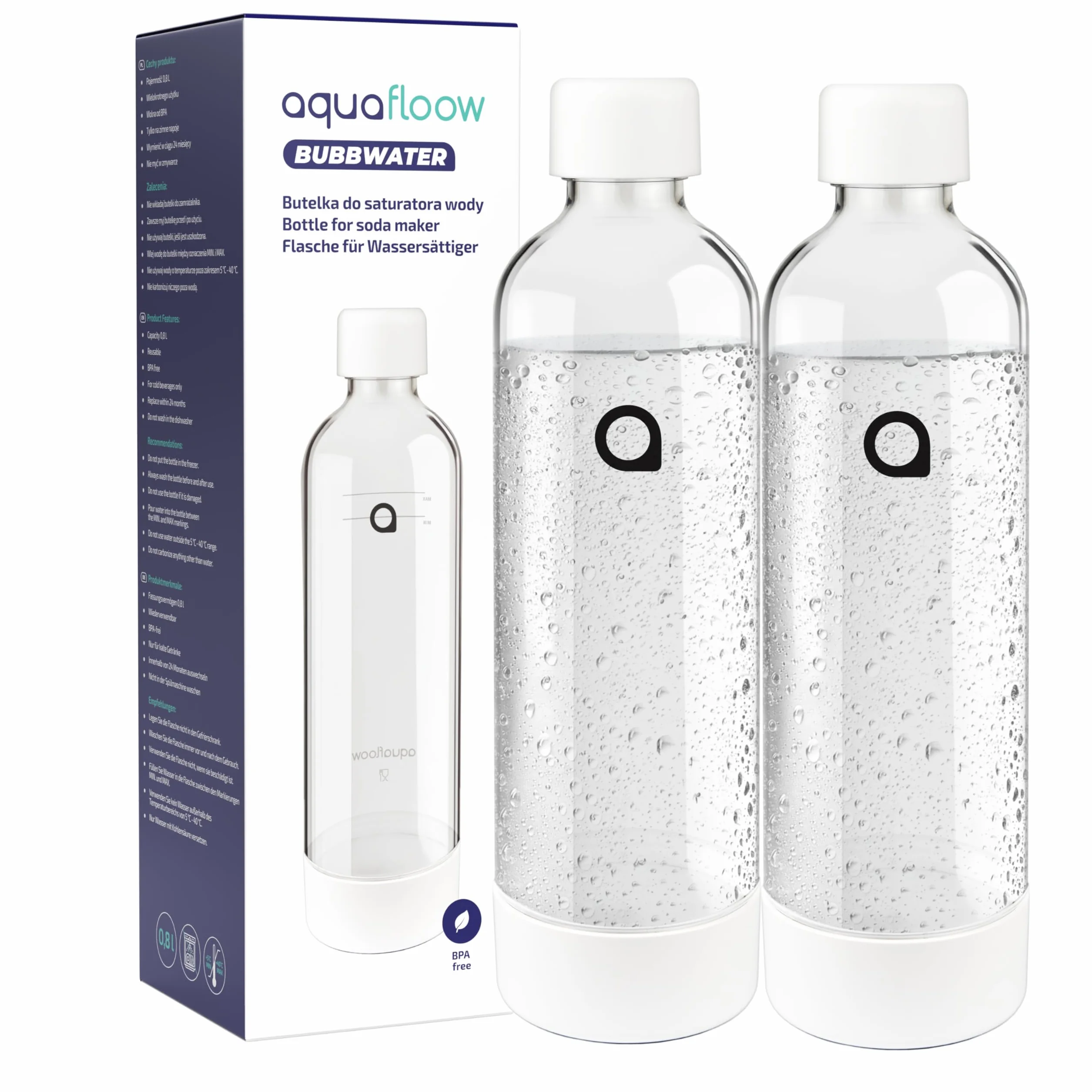 Aquafloow Saturator do Wody Gazowanej z 2 Butelkami 0,8L i Nabojem CO₂ 60L | Domowa Maszyna do Gazowania Wody bez Prądu | Carbonator z Butelkami Wielokrotnego Użytku – Biały