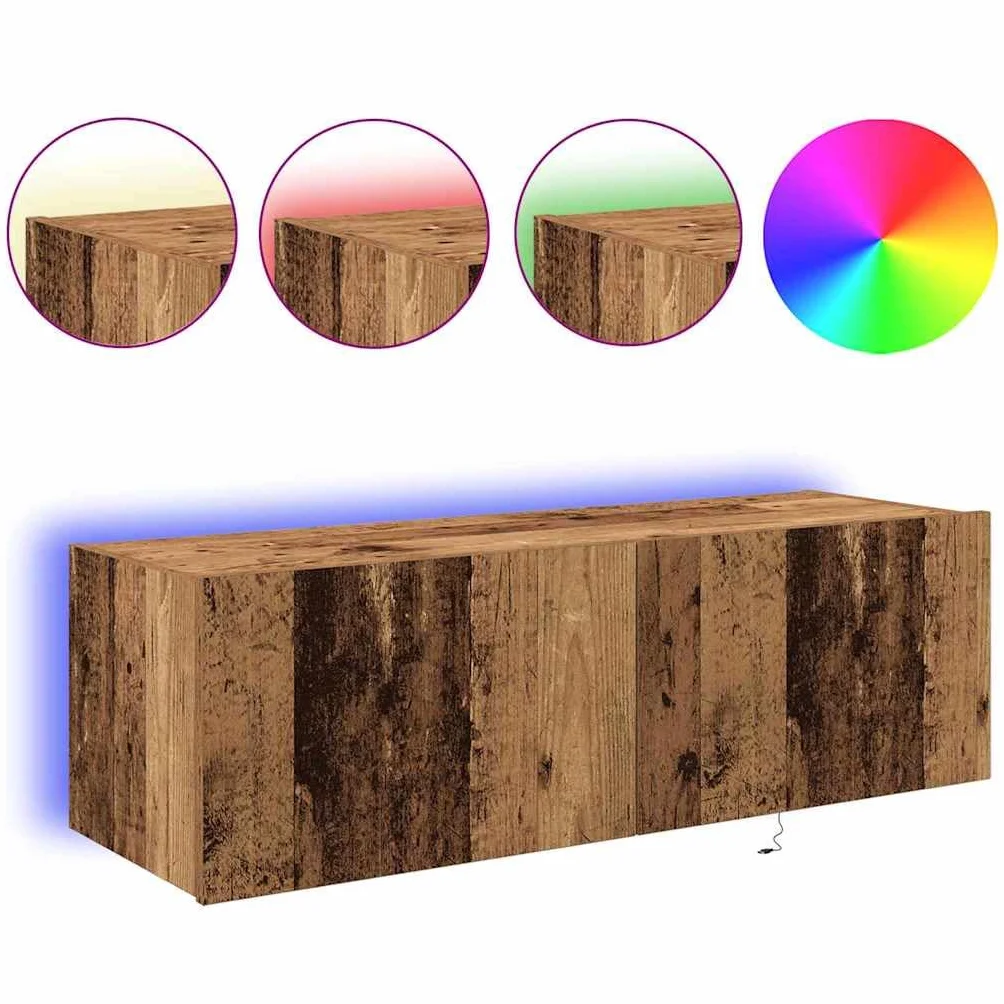 Szafka ścienna pod telewizor, zestaw 2 sztuk, wygląd starego drewna, 100 x 35 x 31 cm, materiał drewnopochodny, unoszący się regał na media do salonu, wszechstronne oświetlenie LED, uchwyt na