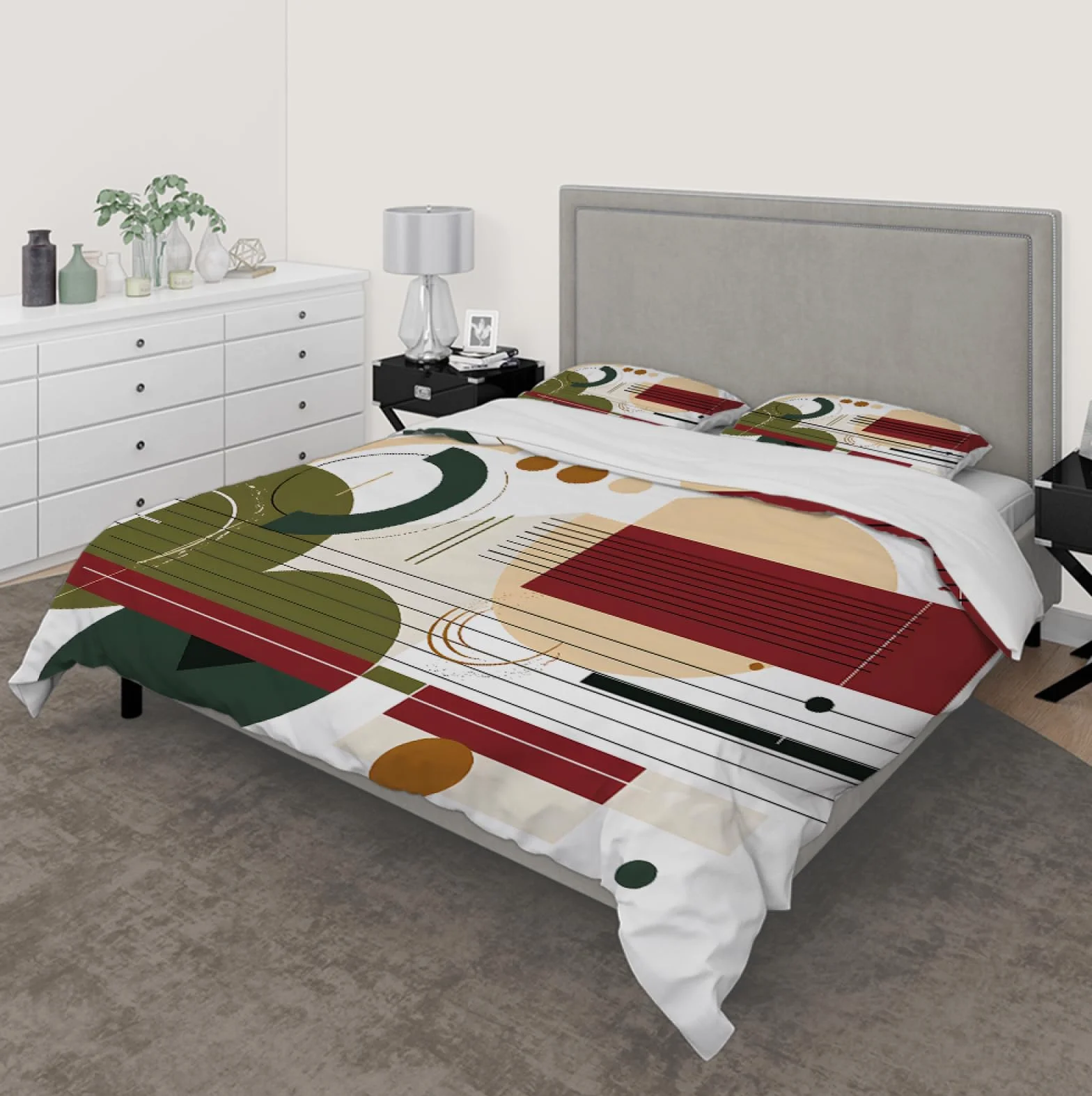 Mid Century Boho Poszwa na kołdrę Czerwony i Zielony Kolorowy blok Zestaw pościeli na wszystkie pory roku Abstrakcyjne Linie Miękkie Oddychające 3 sztuki 155x200cm