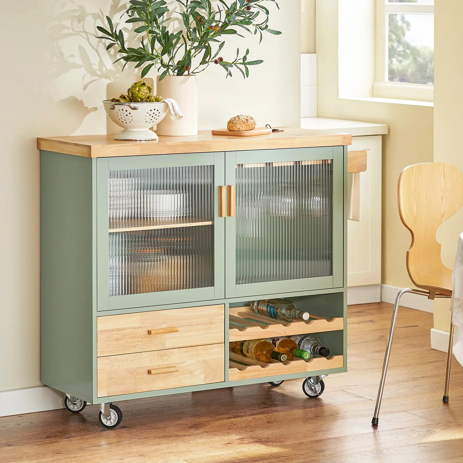 SoBuy FKW114-GR Zielona Szafka Kuchenna Kredens Kuchni Wózek kuchenny na Kółkach Jadalni 109 x 40 x 92cm