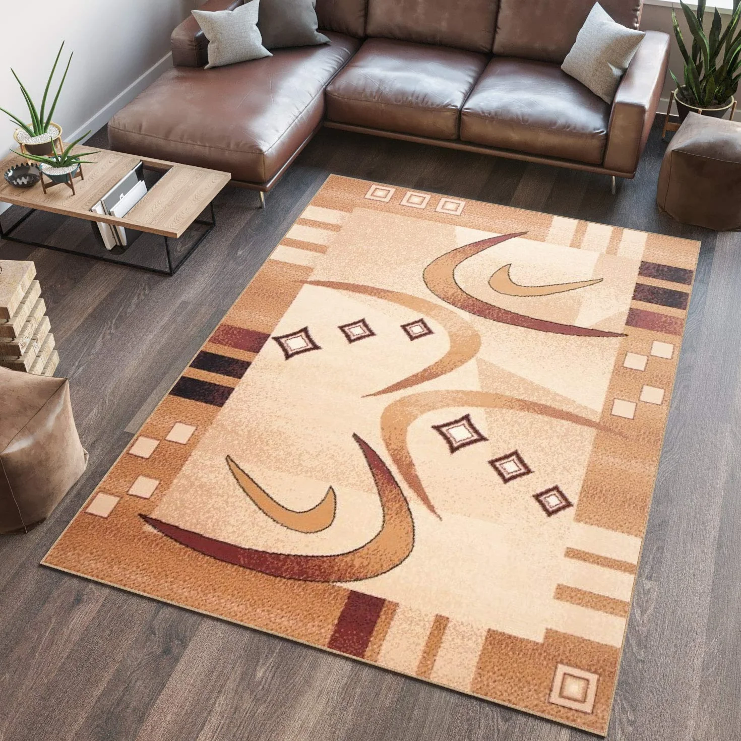 Tapiso Atlas dywan do salonu, sypialni, krótkie runo, nowoczesny, paski, Bumerang kremowy, beżowy, brązowy, melanż, do jadalni, Ökotex 220 x 300 cm